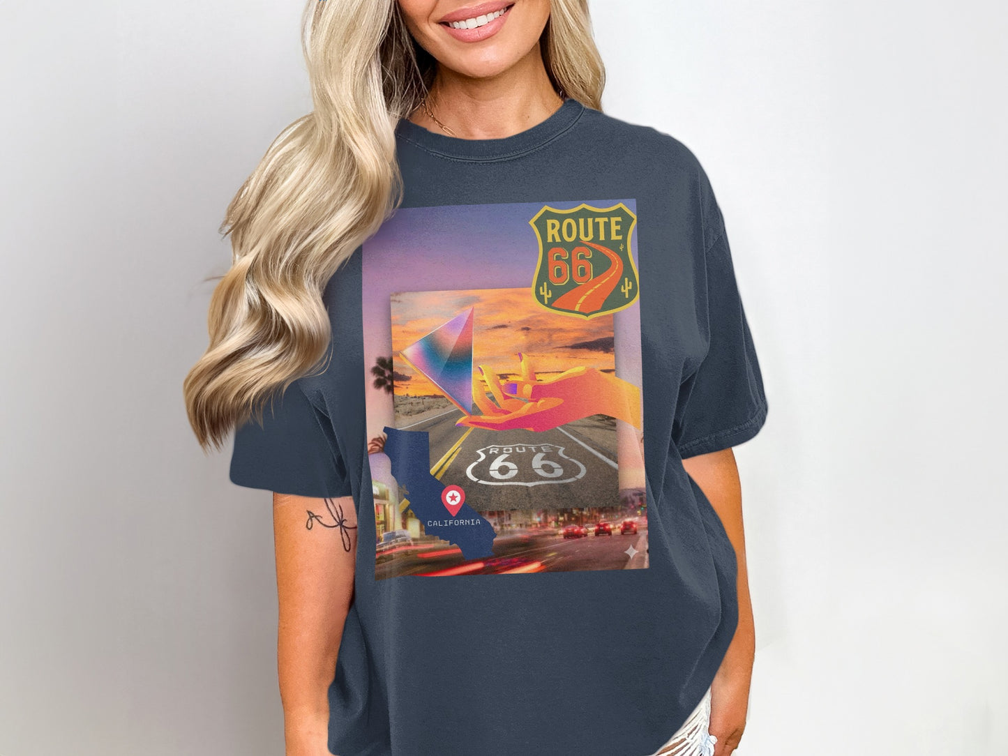 T-shirt with Route 66 California map and desert highway sunset graphic.