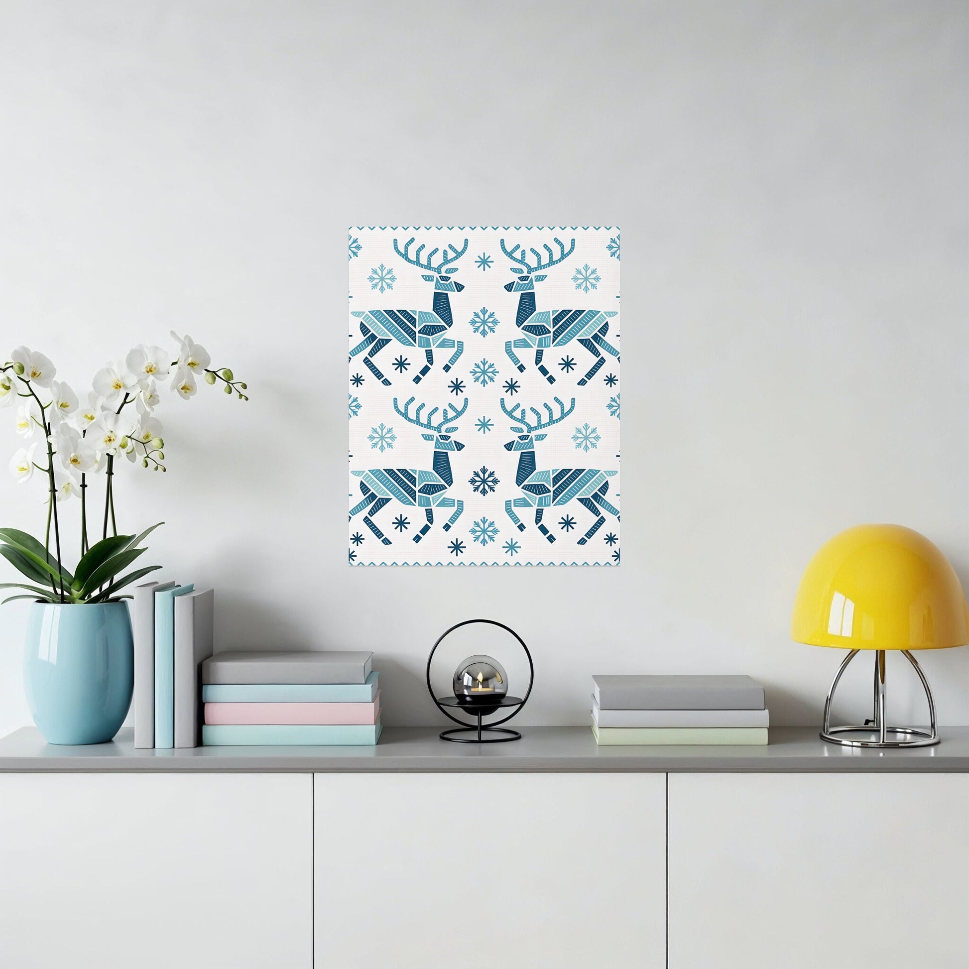 Blue and White Holiday Reindeer Wall Art Poster
