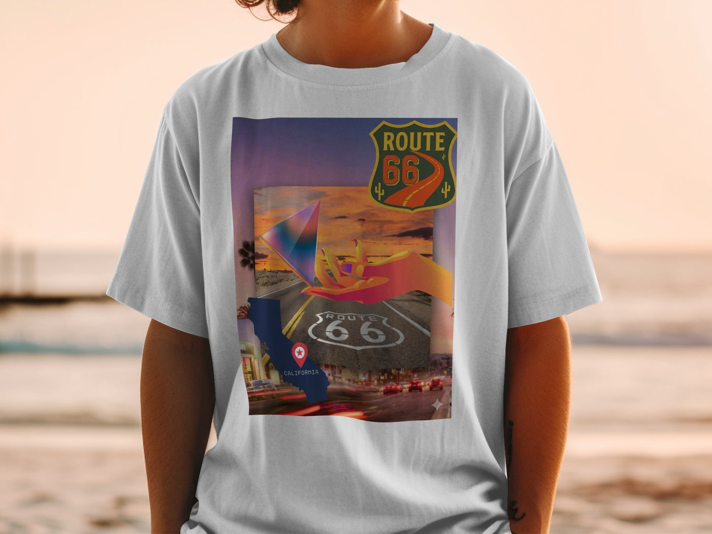 T-shirt featuring Route 66 collage with California map and desert sunset.