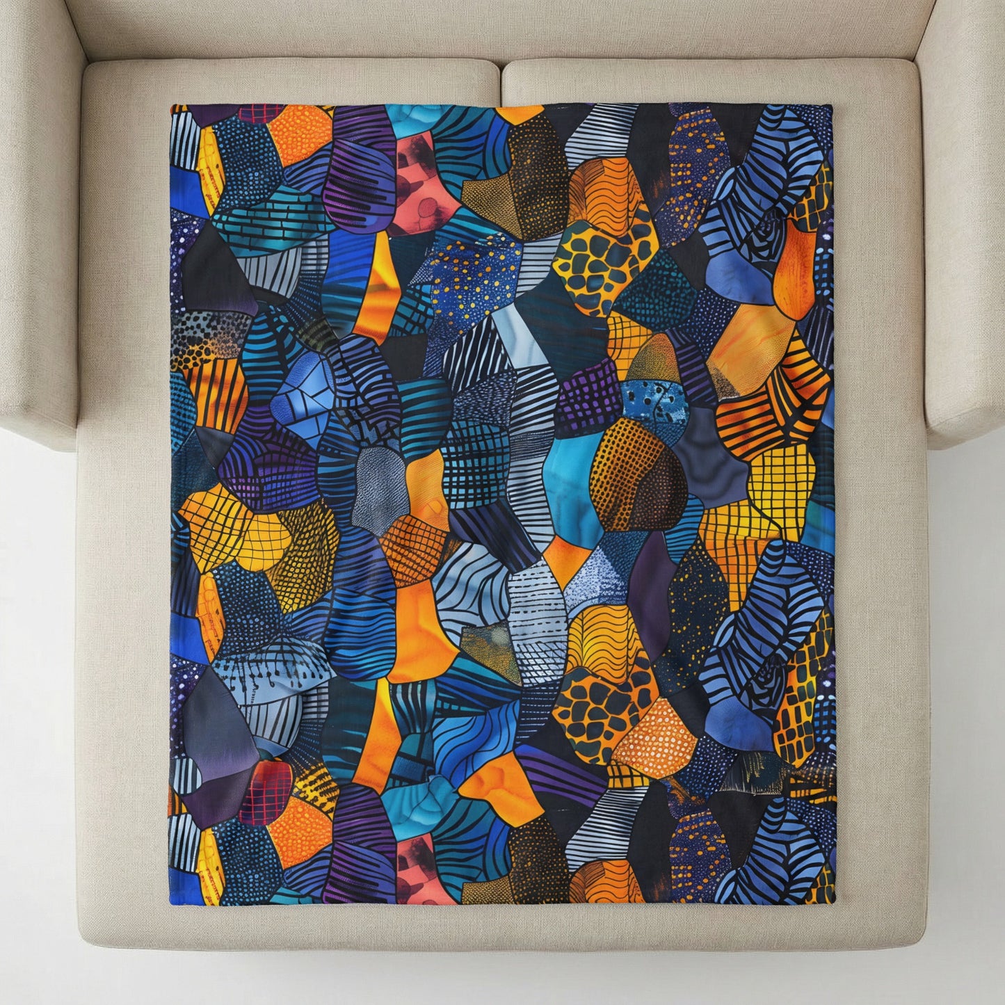 Colorful abstract mosaic pattern blanket with blue, orange, purple, yellow, and black shapes.
