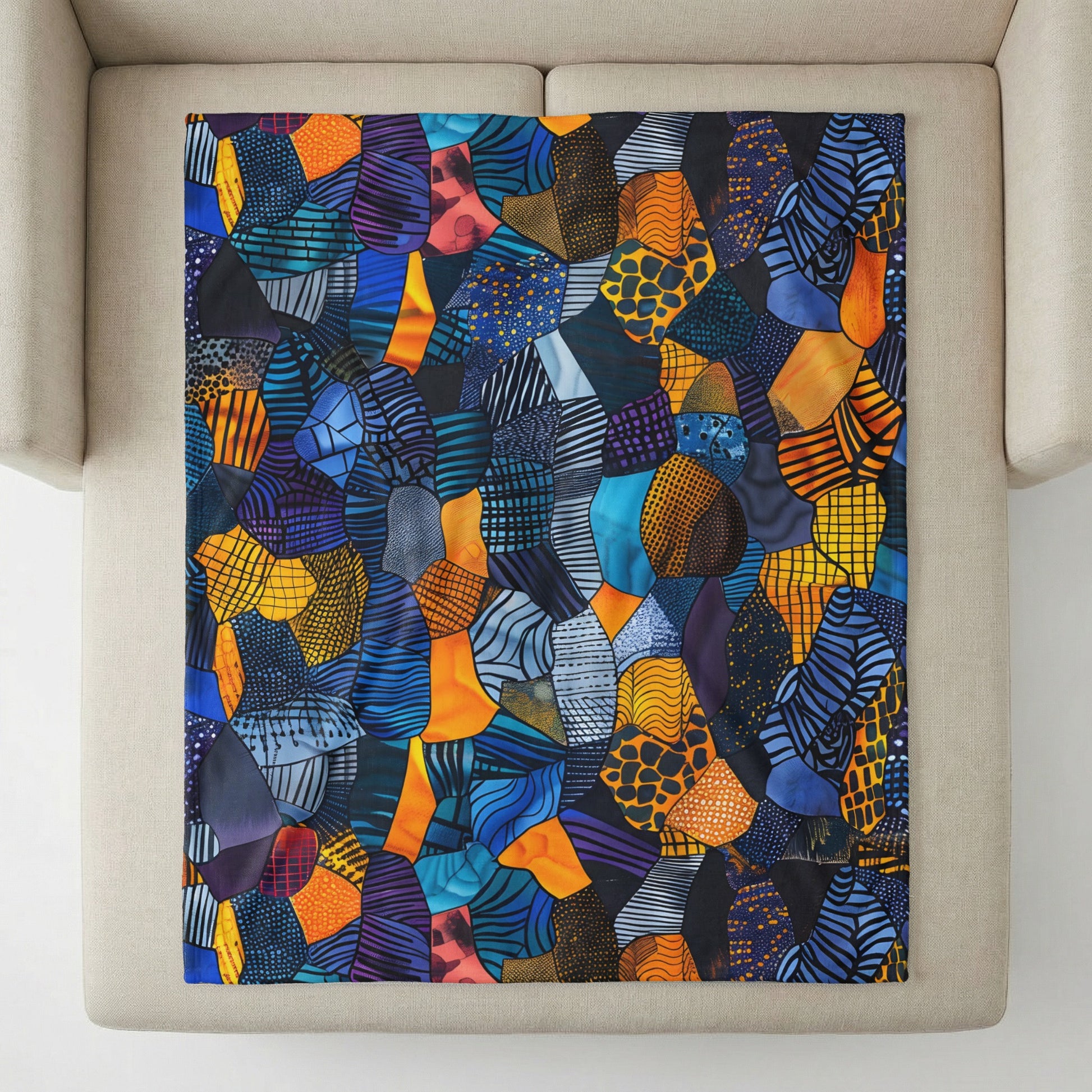 Colorful abstract mosaic pattern blanket with blue, orange, purple, yellow, and black shapes.