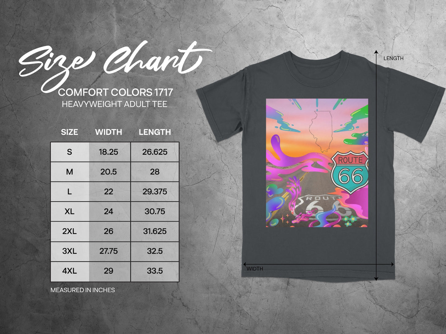 Size chart for Comfort Colors 1717 heavyweight adult tees with measurements.