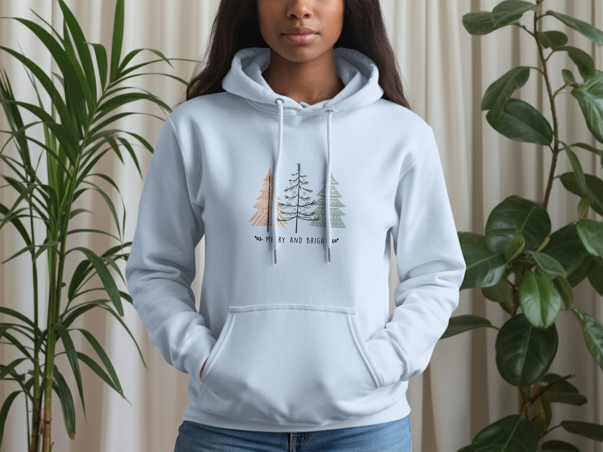 Merry and Bright Three Christmas Trees Graphic Hoodie