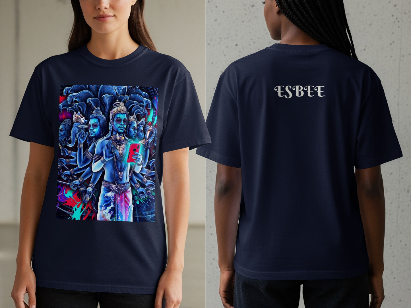 Navy t-shirt with Hindu deity artwork on front, "ESBEE" on back.
