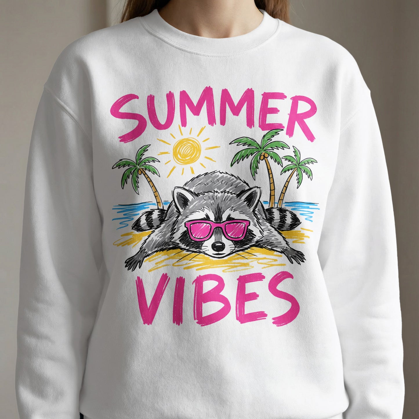 Raccoon wearing sunglasses on a beach, "SUMMER VIBES" text.