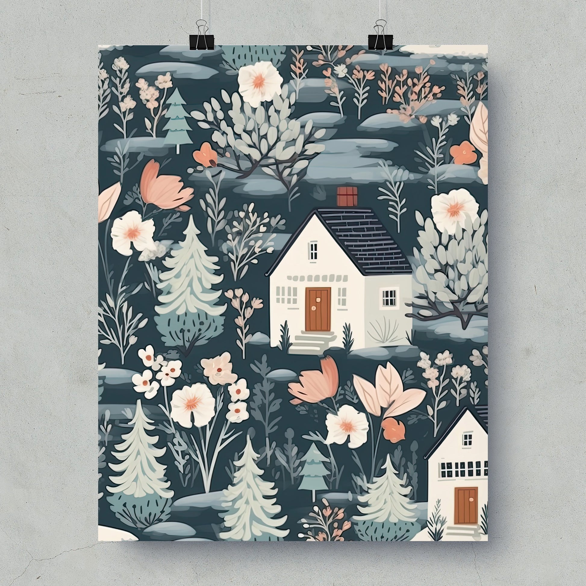 Decorative Floral and House Pattern on Blue Poster