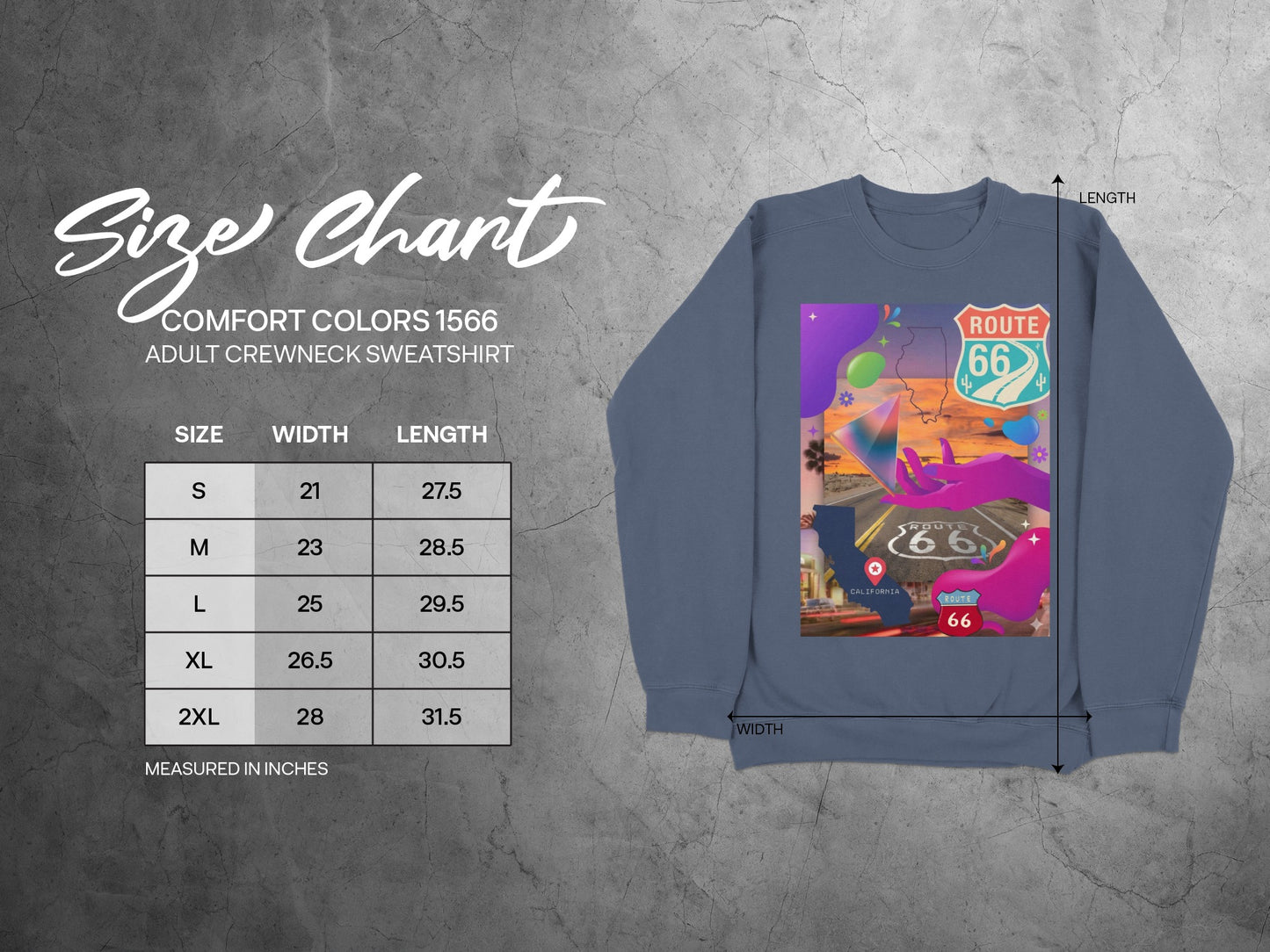 Comfort Colors 1566 adult sweatshirt size chart with Route 66 graphic.