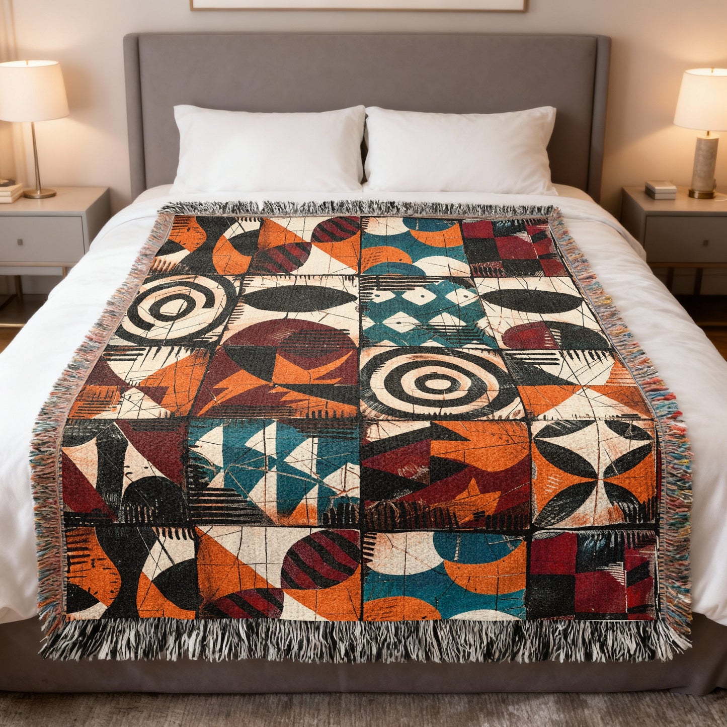 Woven blanket with geometric abstract pattern in red, orange, teal, and black.