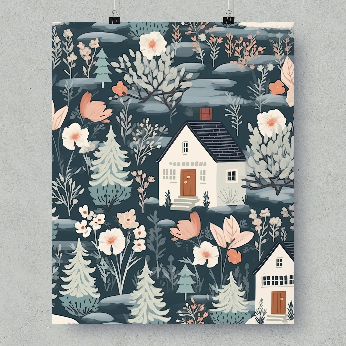 Whimsical Cottage and Floral Forest Art Print