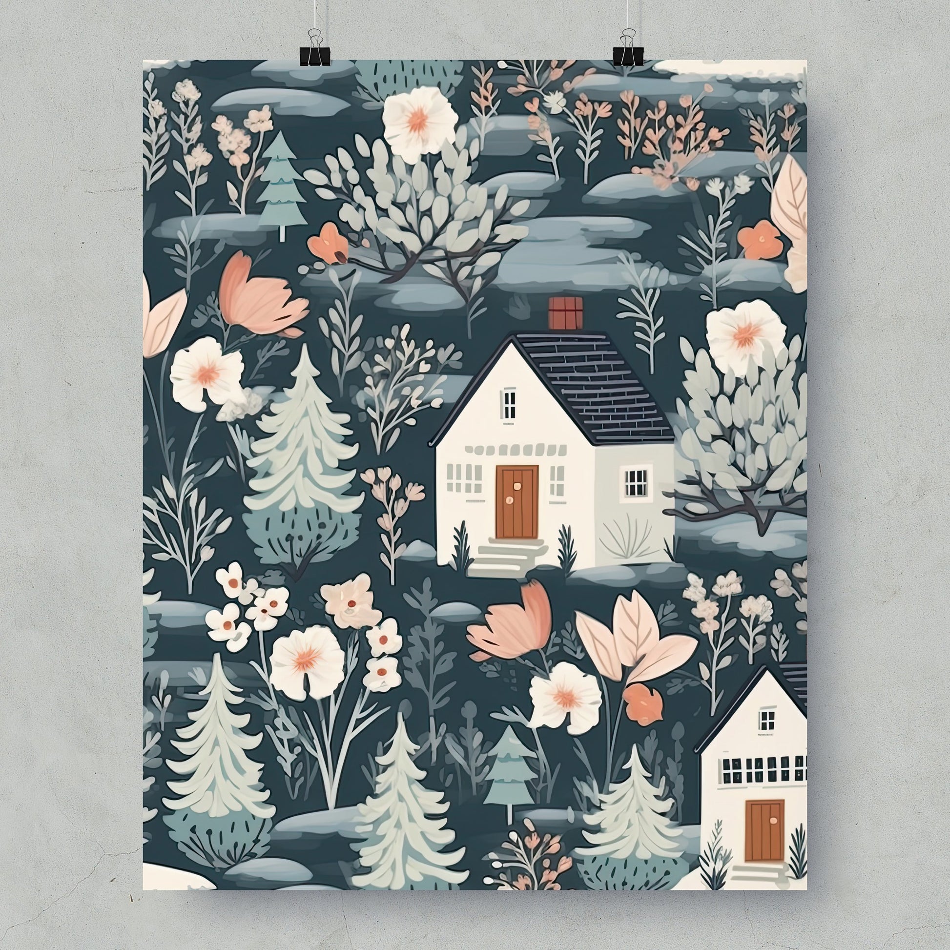 Whimsical Cottage and Floral Forest Art Print
