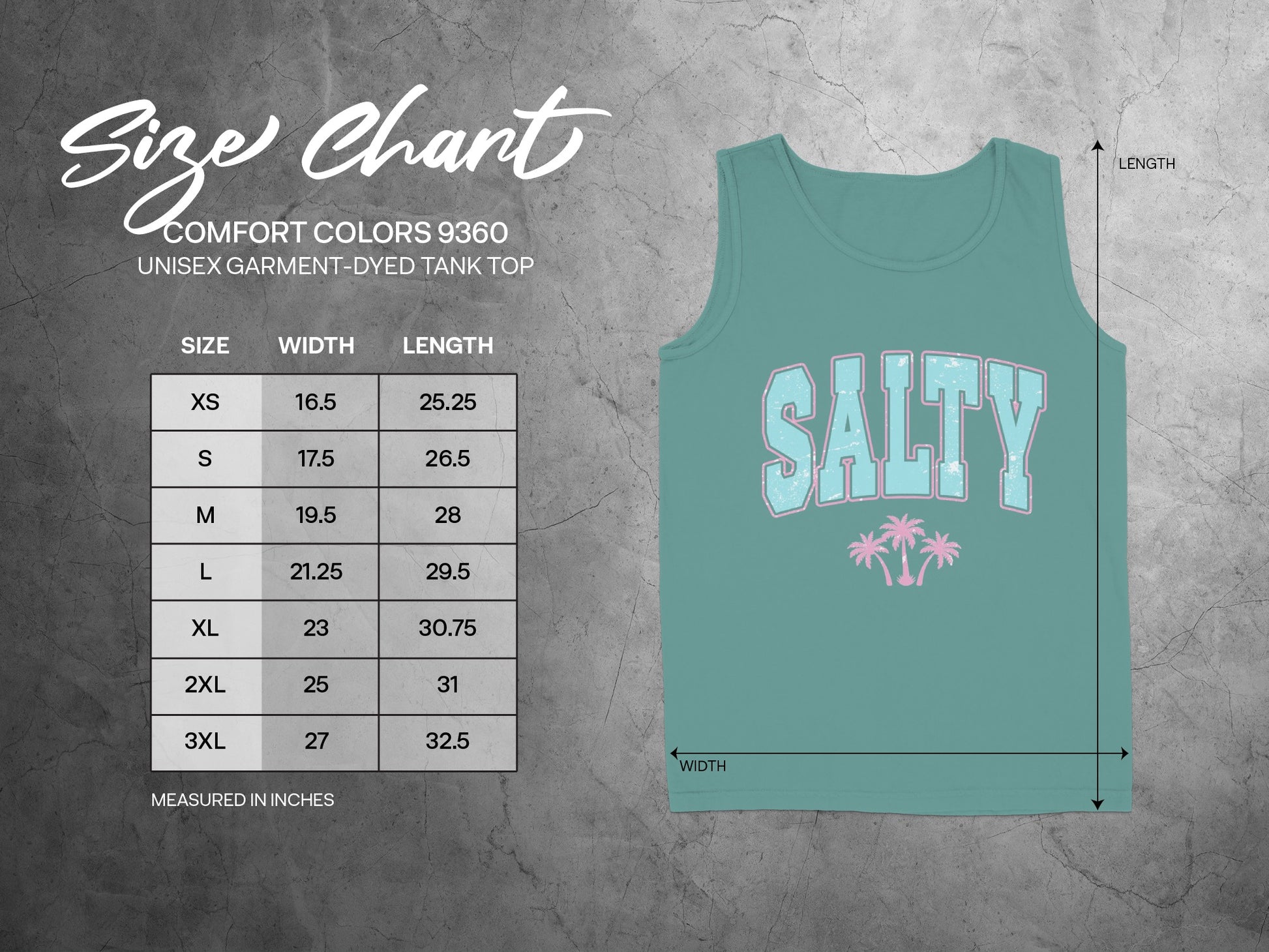 Size chart for unisex tank top with measurements for size, width, and length.