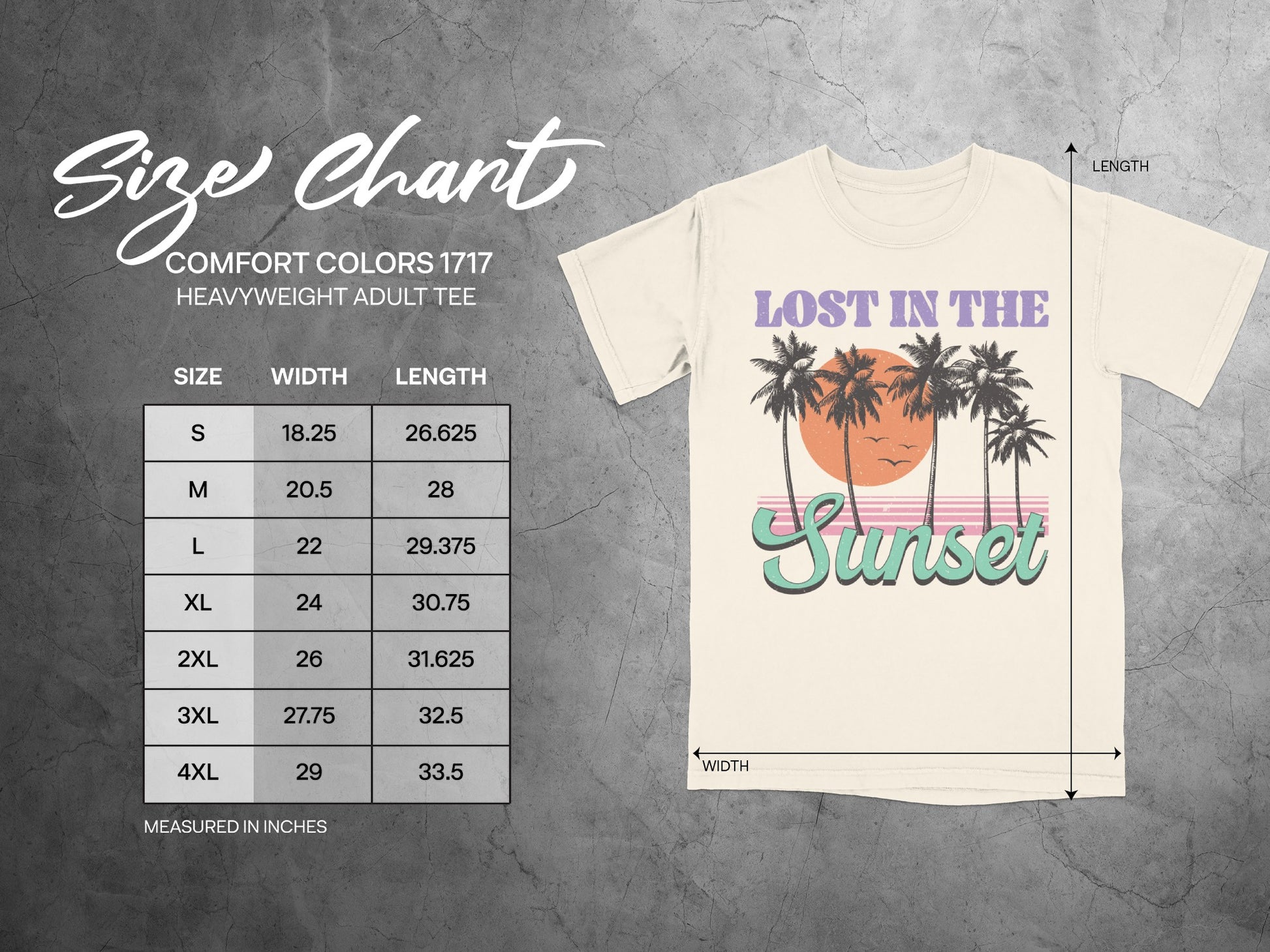 Size chart for Comfort Colors 1717 heavyweight adult tee with sunset graphic.