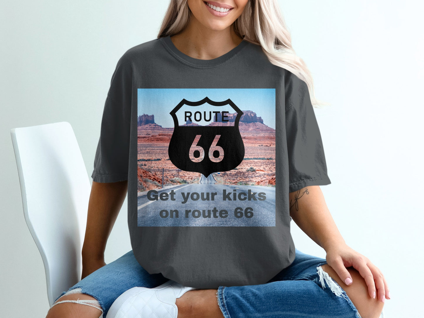 Dark gray t-shirt with Route 66 graphic and road landscape.