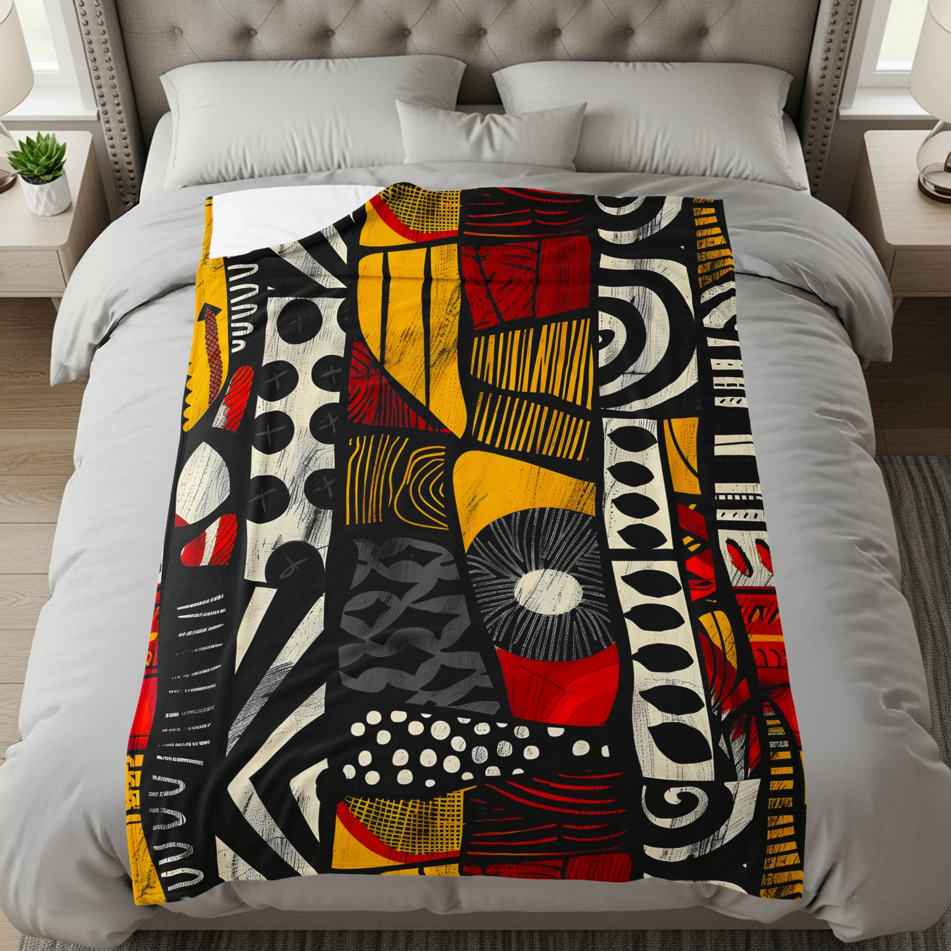 Abstract geometric pattern blanket in black, red, and yellow on a bed.