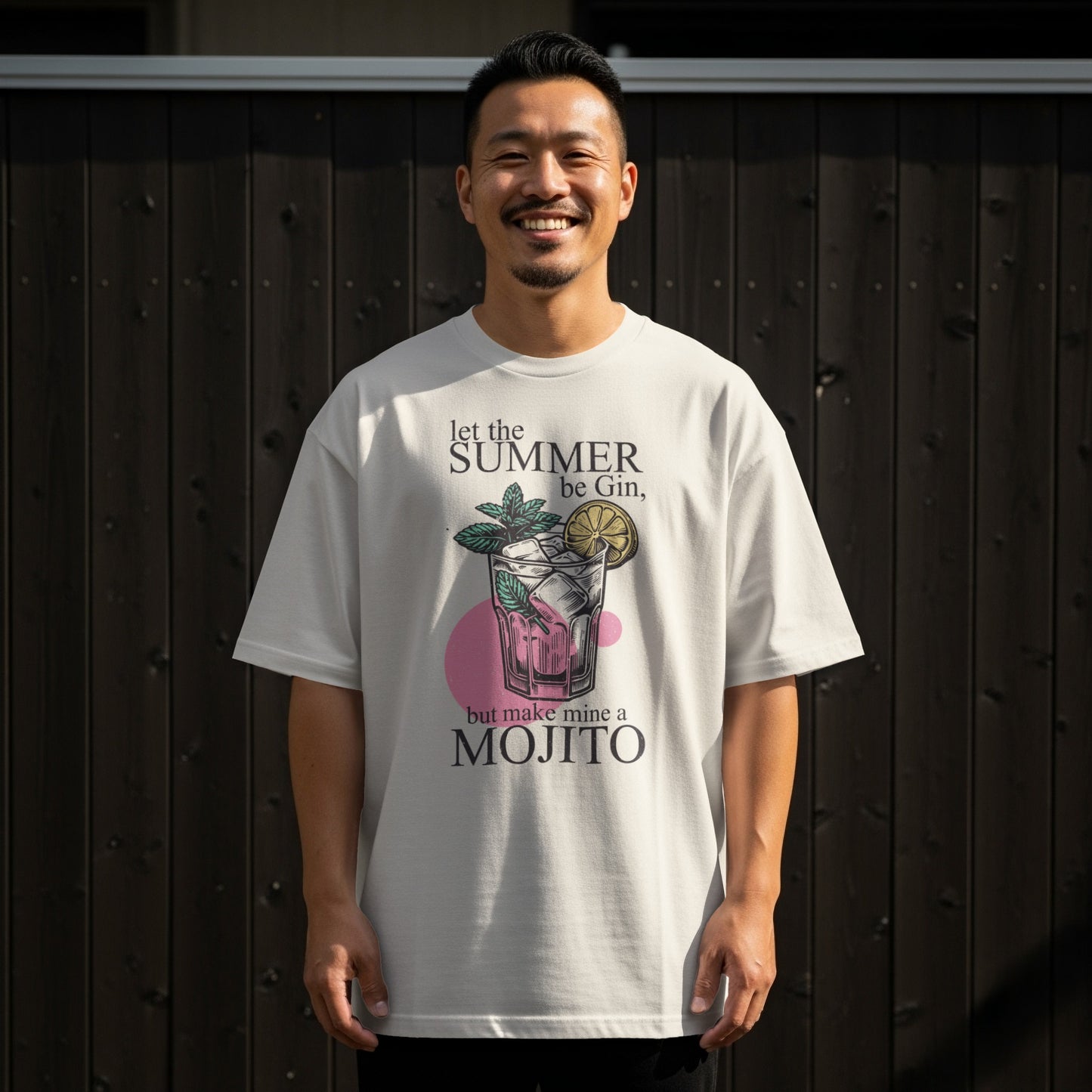 T-shirt with mojito graphic and "let the summer be gin, but make mine a mojito" text.