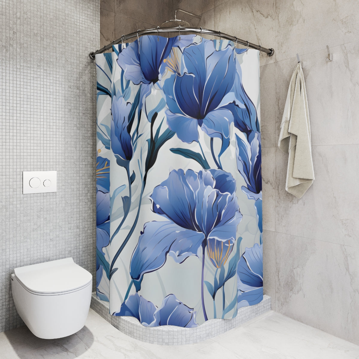 Elegant Blue Floral Design Bathroom Shower Curtain