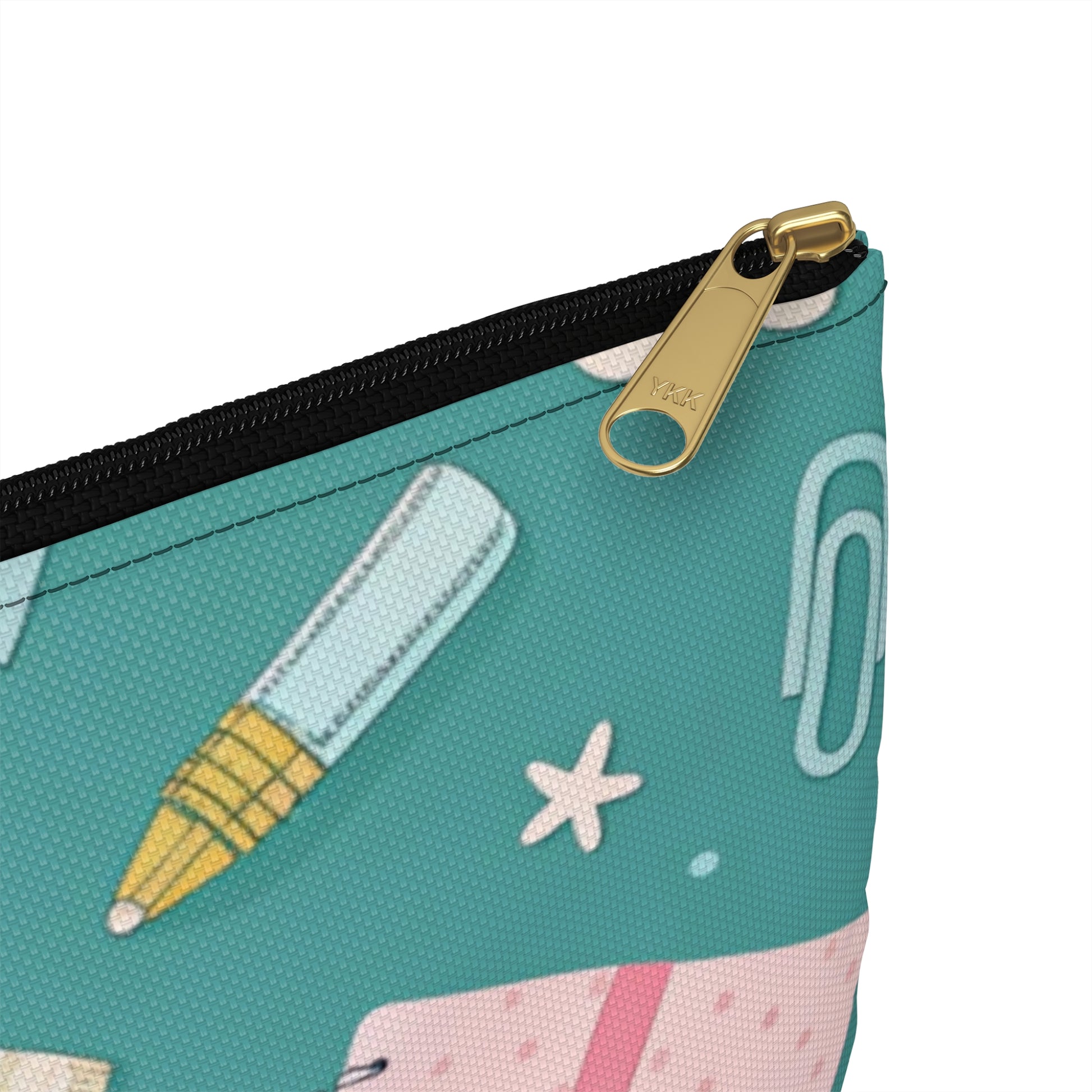 Teal pouch with pen and paperclip pattern, gold YKK zipper.