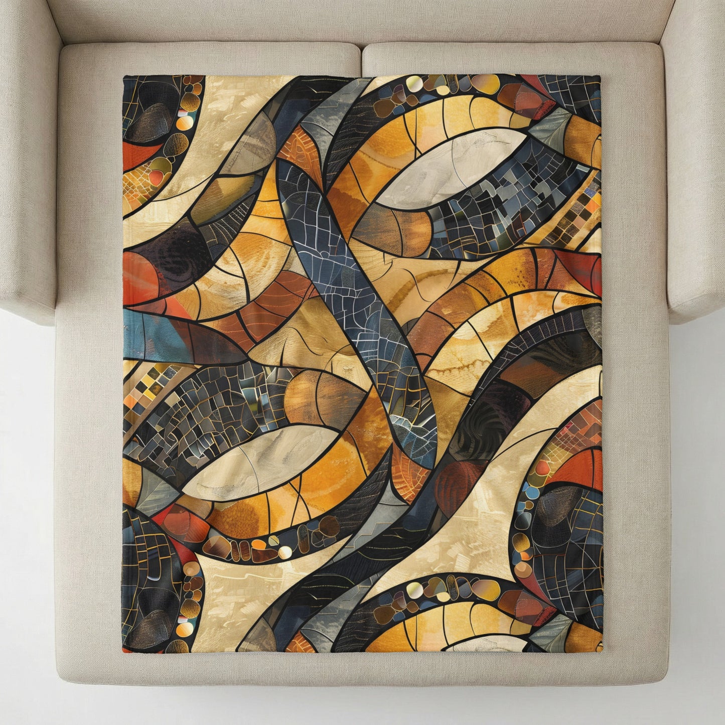 Abstract mosaic pattern in warm earthy tones with curved segmented shapes.
