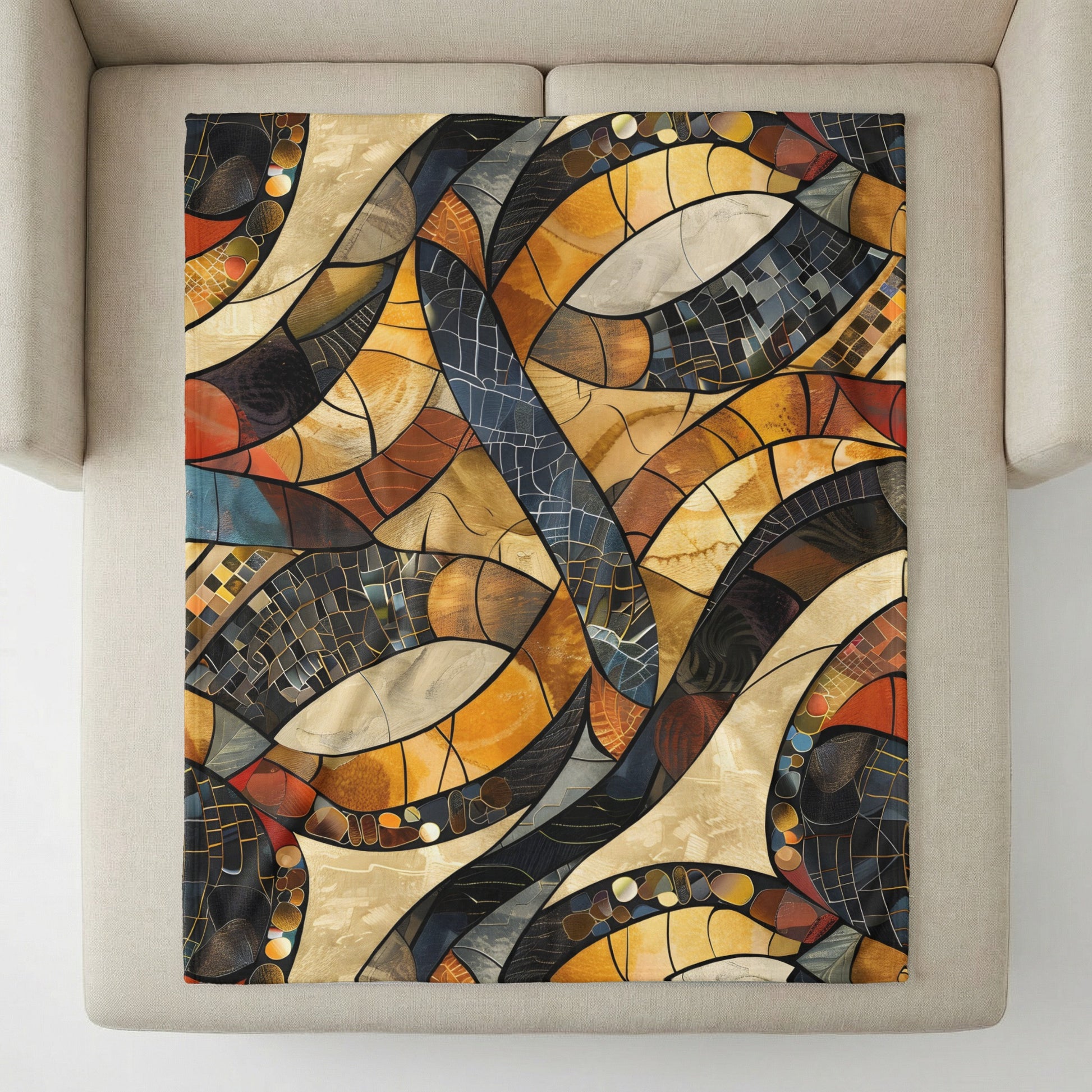 Abstract mosaic pattern in warm earthy tones with curved segmented shapes.