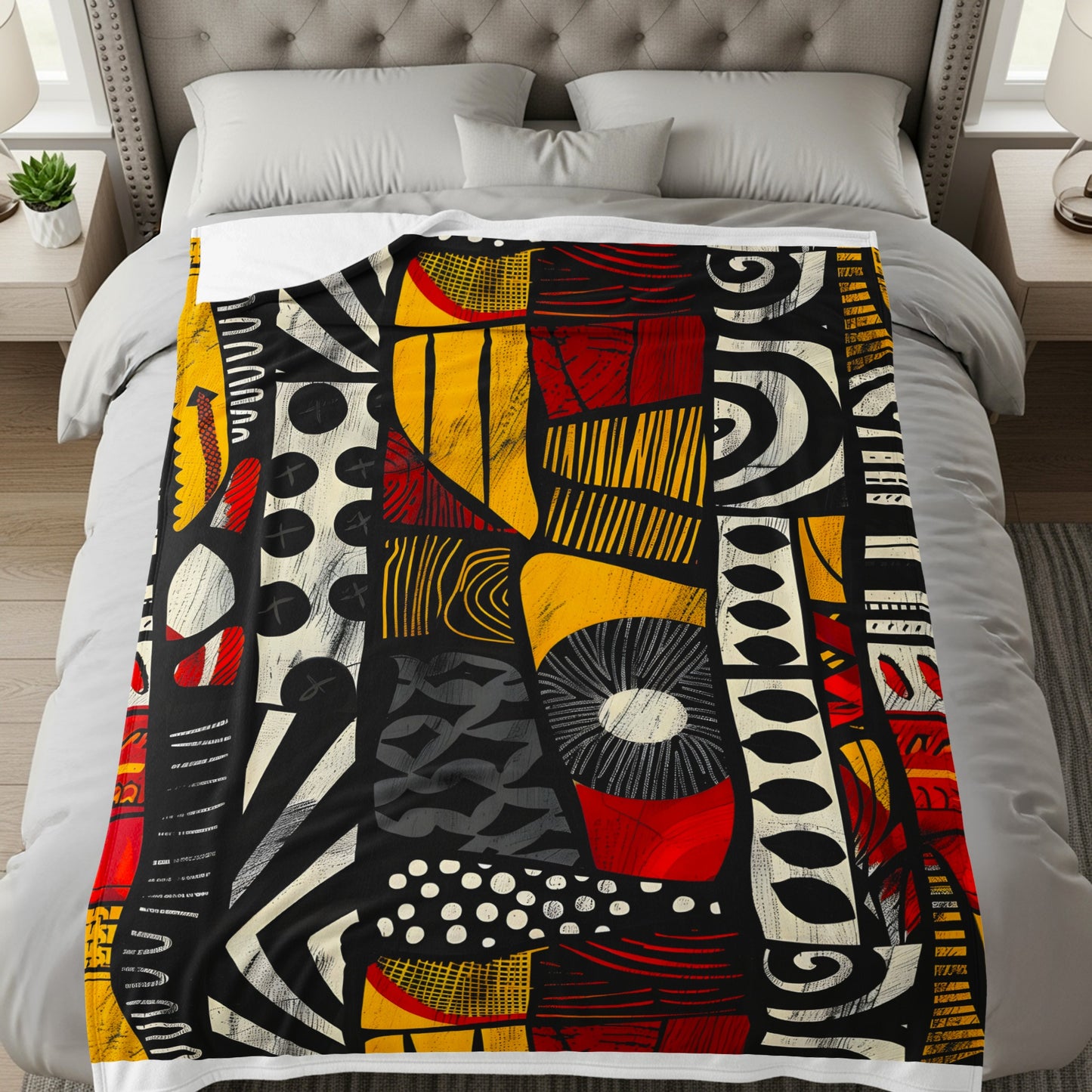 Abstract black, yellow, and red geometric pattern blanket on a bed.