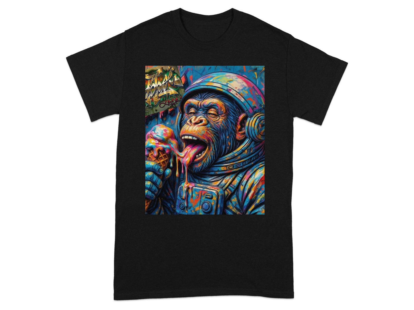 Astronaut monkey wearing helmet, eating dripping ice cream cone, colorful artwork.