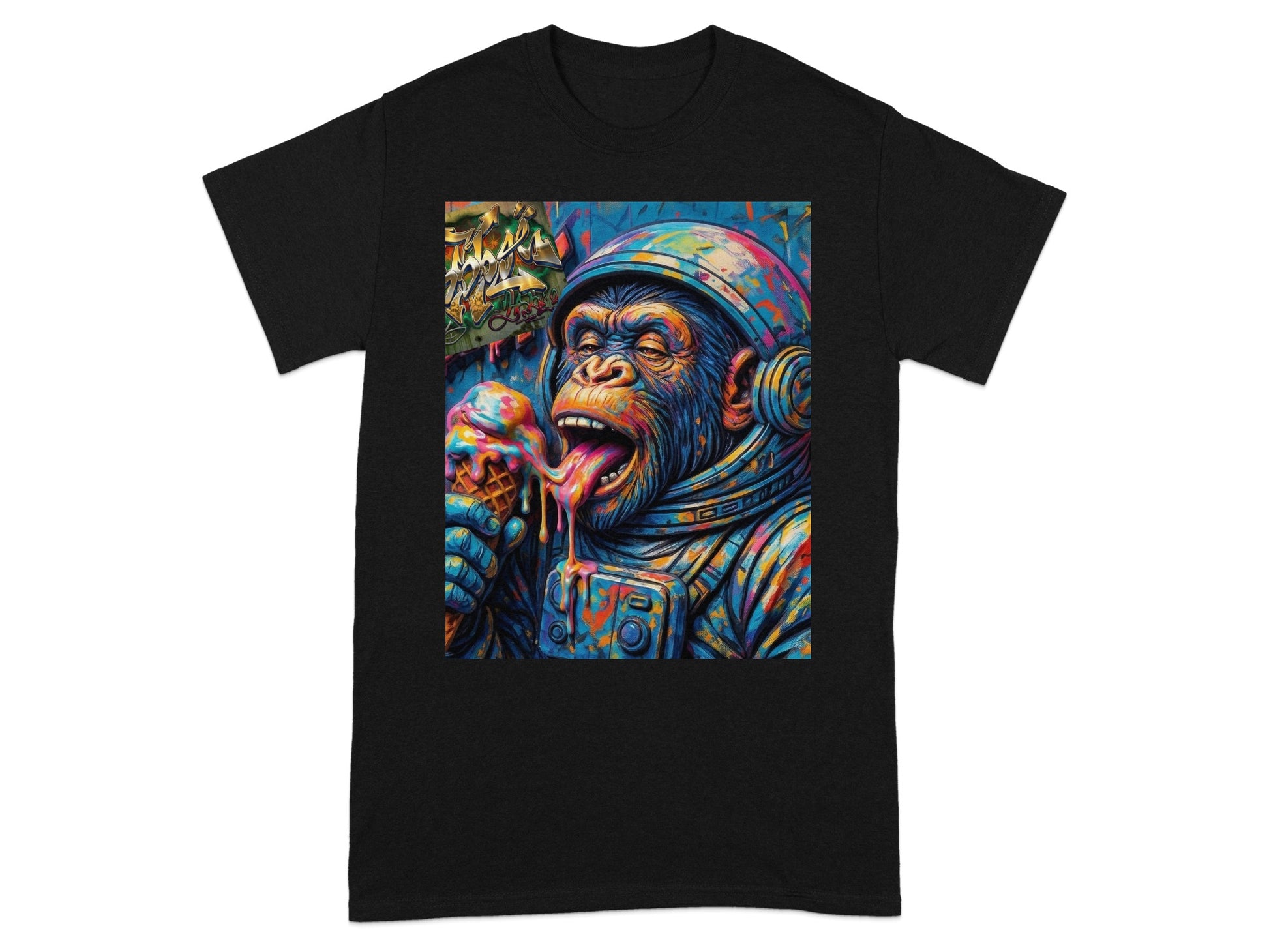 Astronaut monkey wearing helmet, eating dripping ice cream cone, colorful artwork.