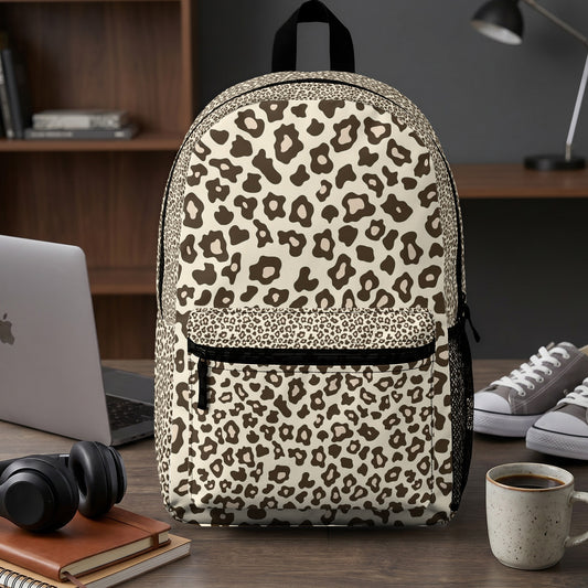 Leopard print backpack with black front zipper and side mesh pockets.