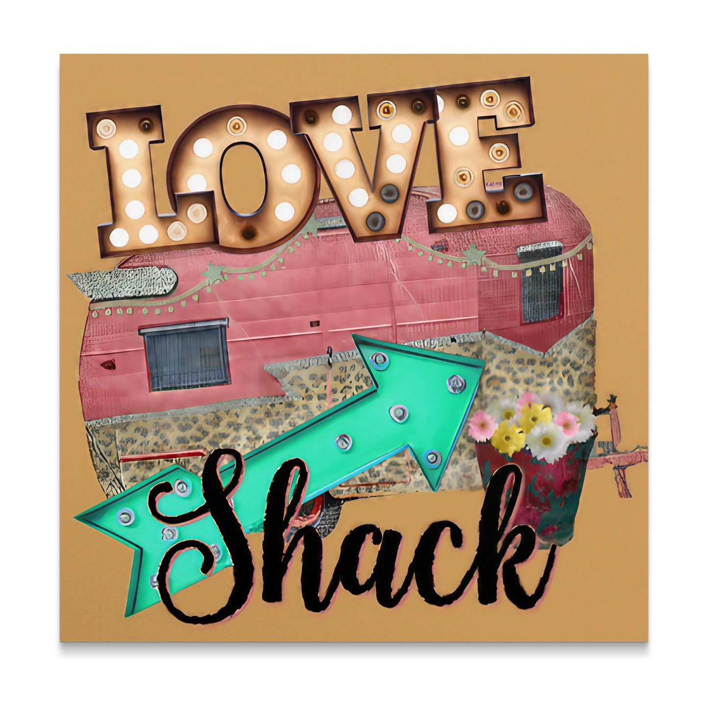 Pink vintage camper with "Love Shack" marquee sign and arrow.
