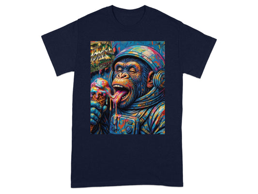 Astronaut monkey eating a colorful ice cream cone, dripping.