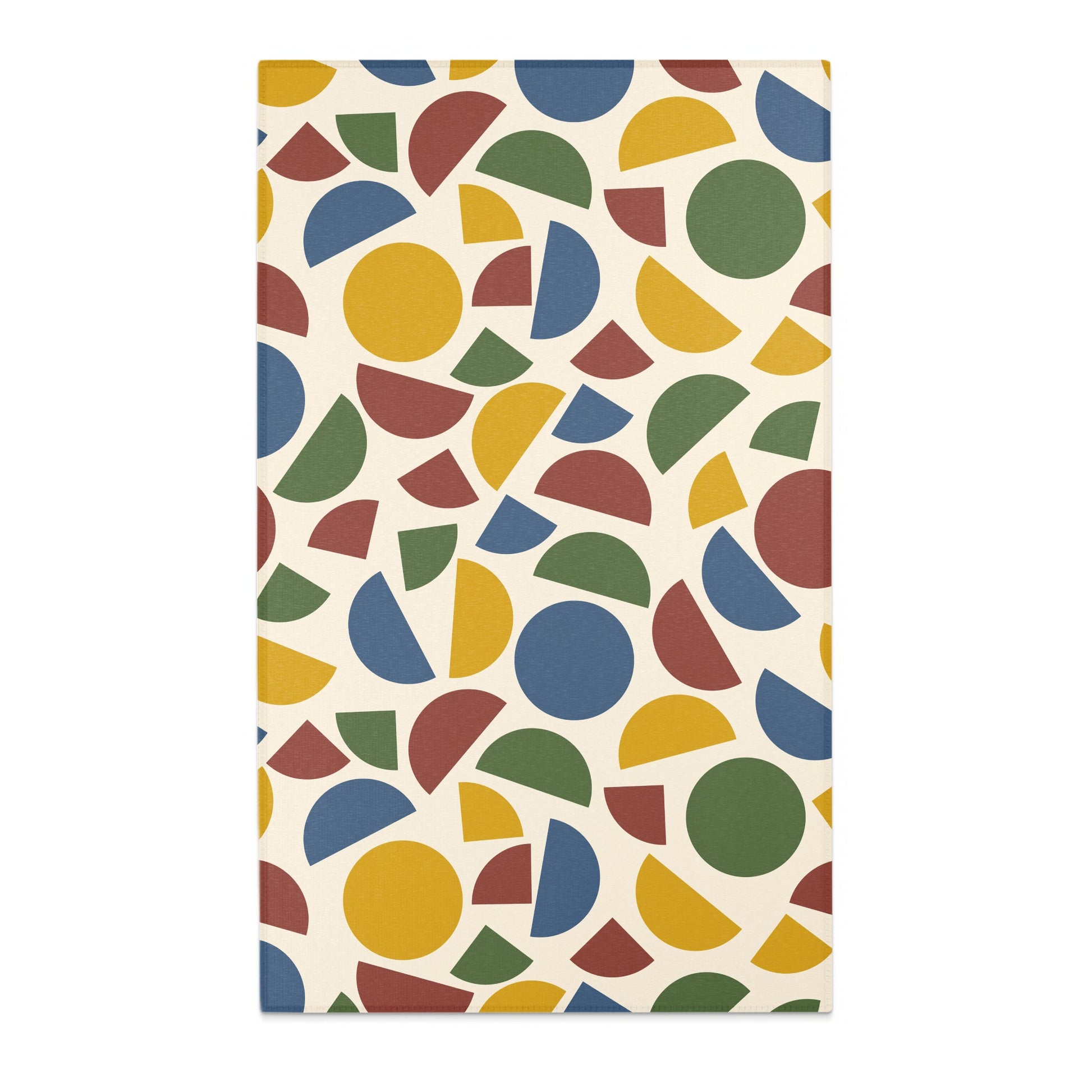 Pattern of assorted half circles and circles in red, yellow, green, and blue.
