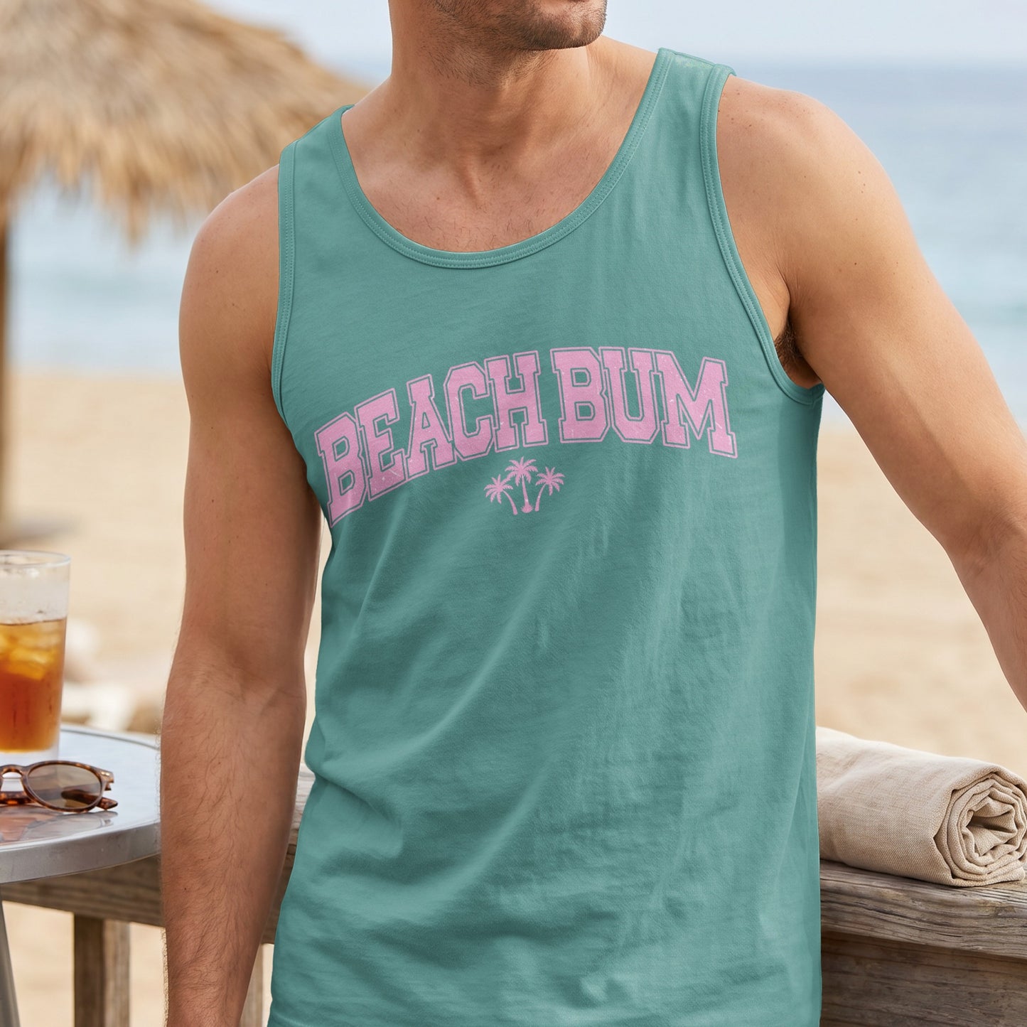 Teal tank top with pink "BEACH BUM" text and palm trees.