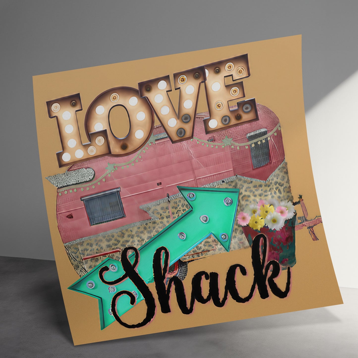 Love Shack caravan with arrow and flowers art print.