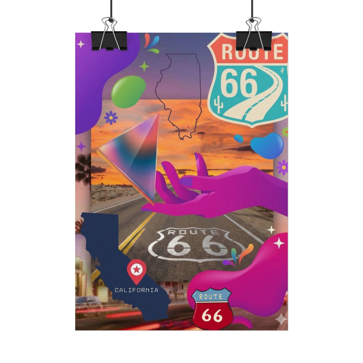 Route 66 collage featuring California, Illinois, and desert imagery.