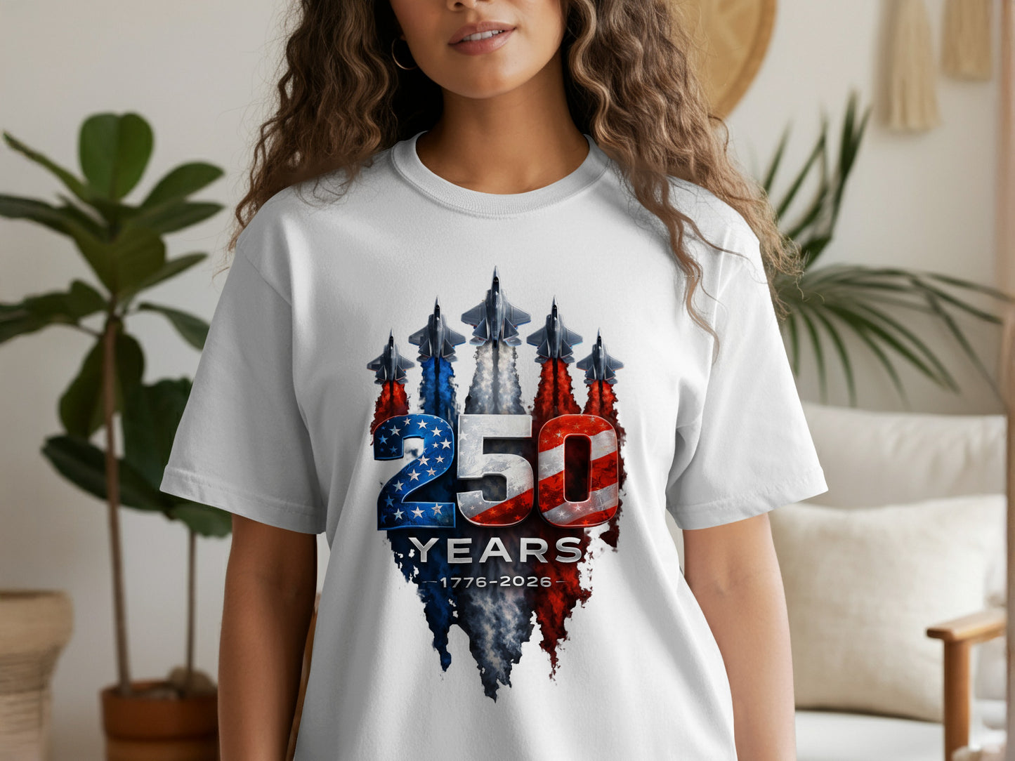 T-shirt with "250 YEARS 1776-2026" and fighter jets.