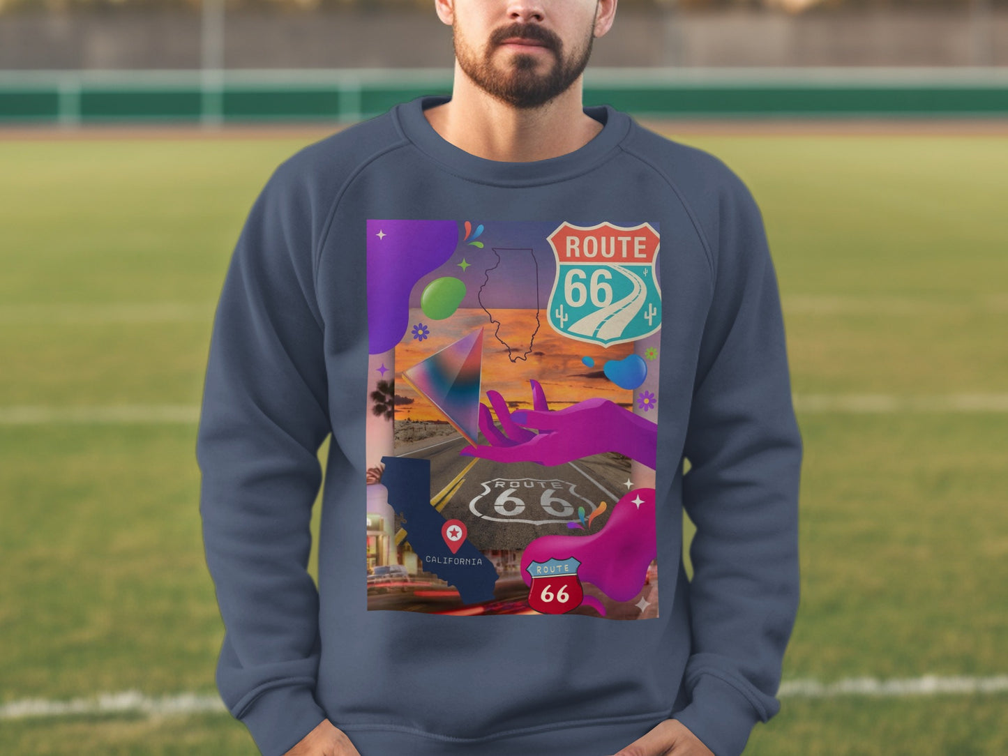 Dark blue sweatshirt with Route 66 collage featuring road, desert, and hands.