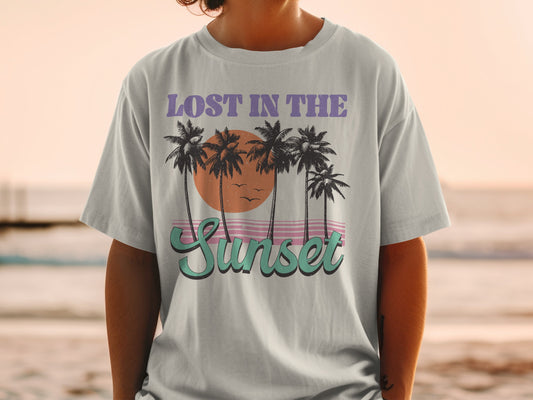 T-shirt with palm trees and "Lost in the Sunset" text.