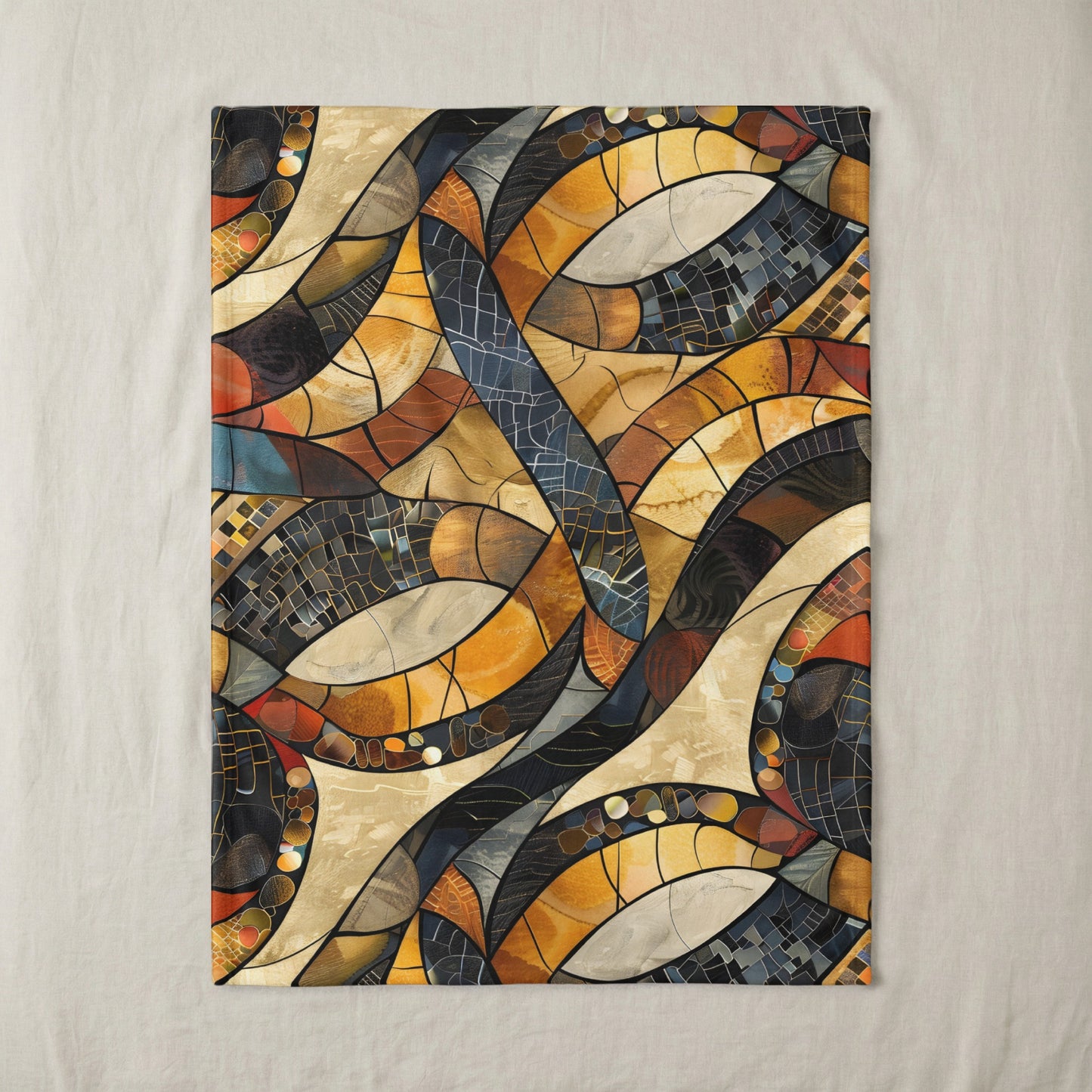 Abstract mosaic pattern with flowing lines in warm earth tones and blues.