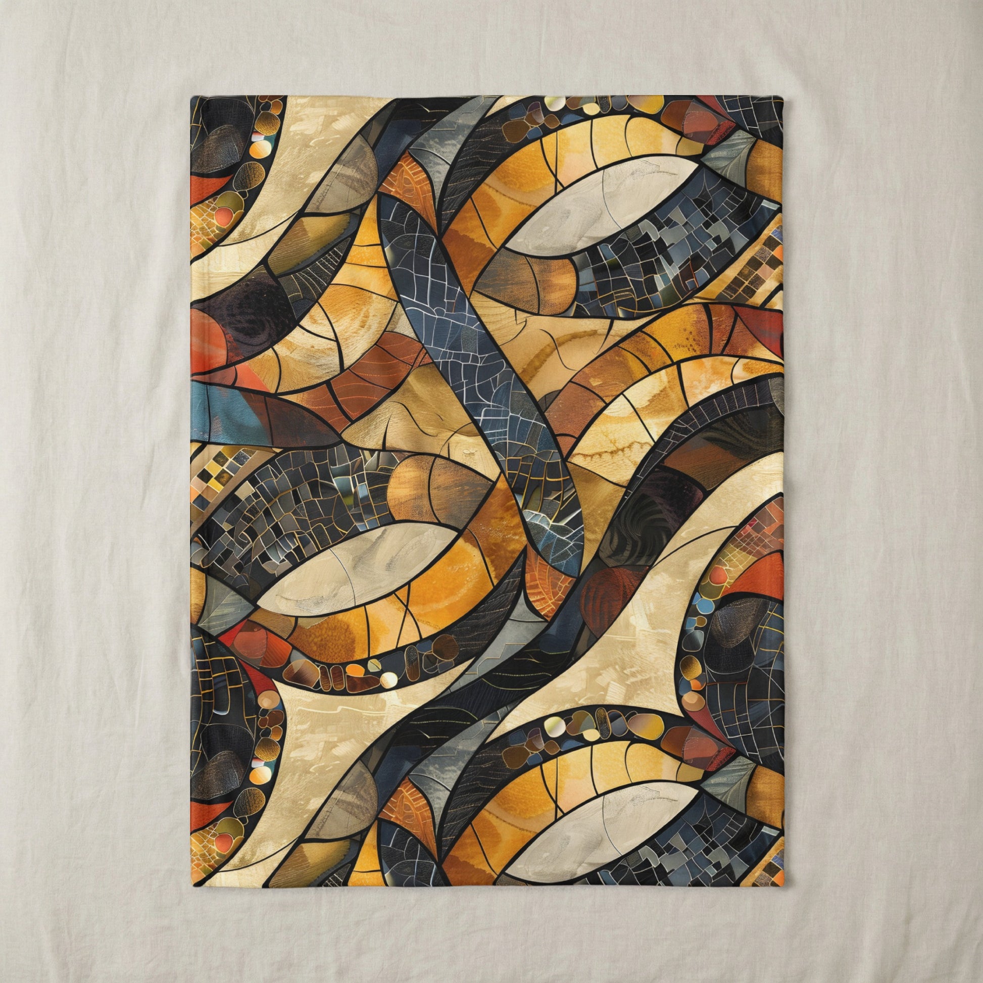 Abstract mosaic pattern with flowing lines in warm earth tones and blues.