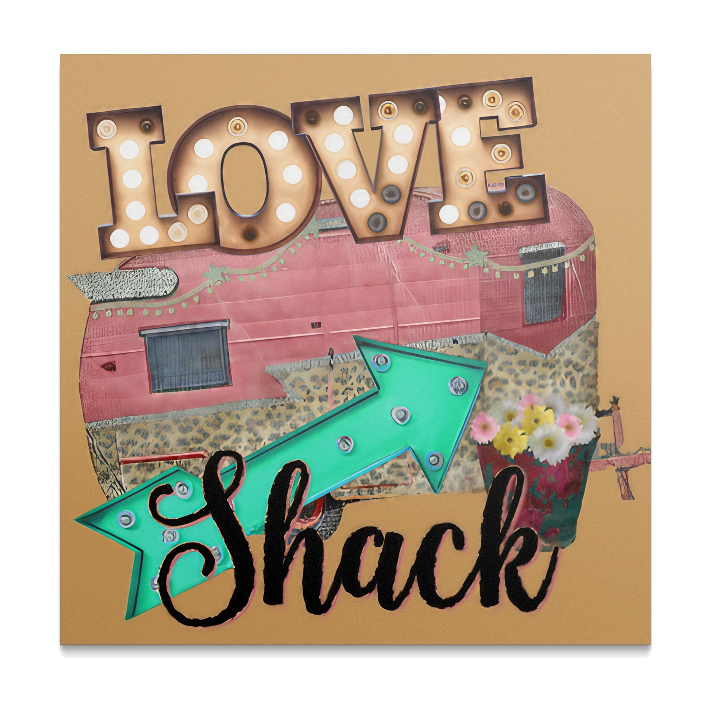 Pink camper adorned with "LOVE" marquee lights and an arrow pointing to "Shack."