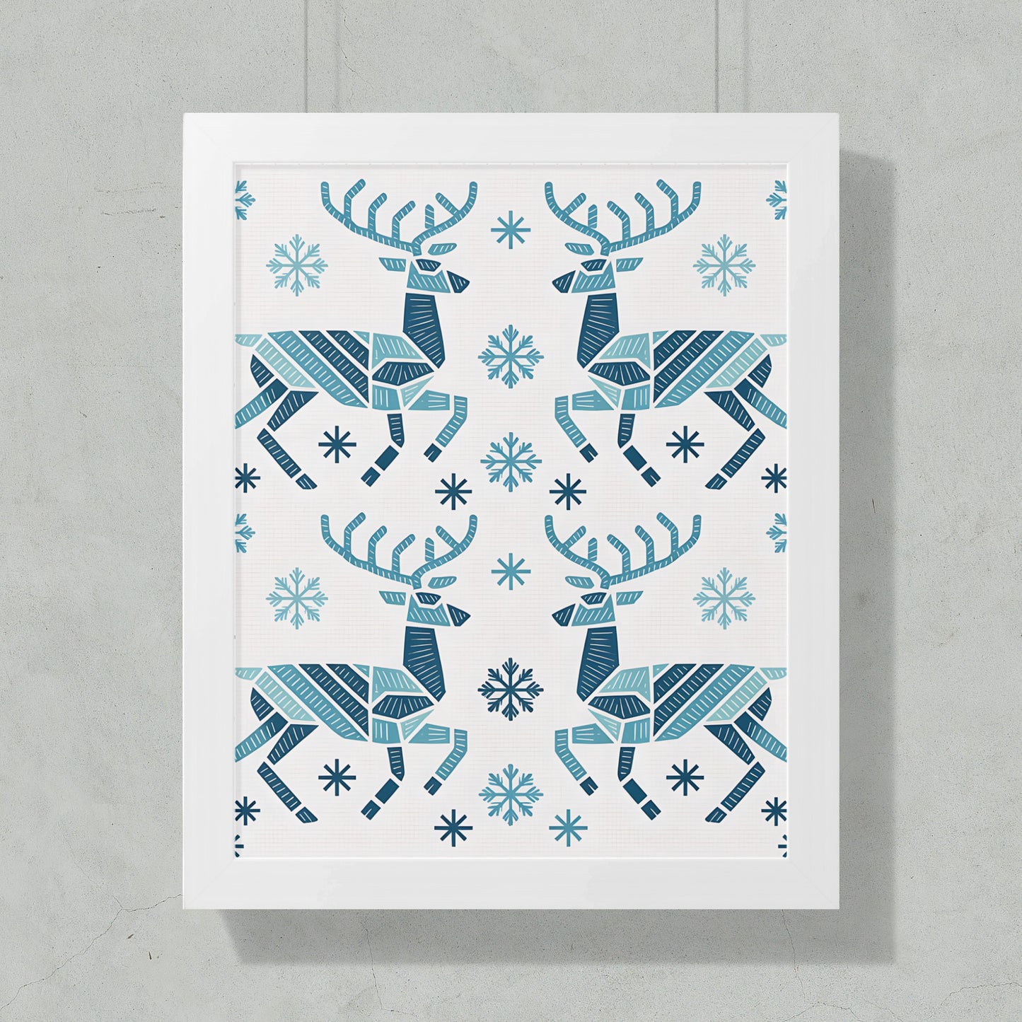 Scandinavian Reindeer Snowflakes Winter Wall Art Print