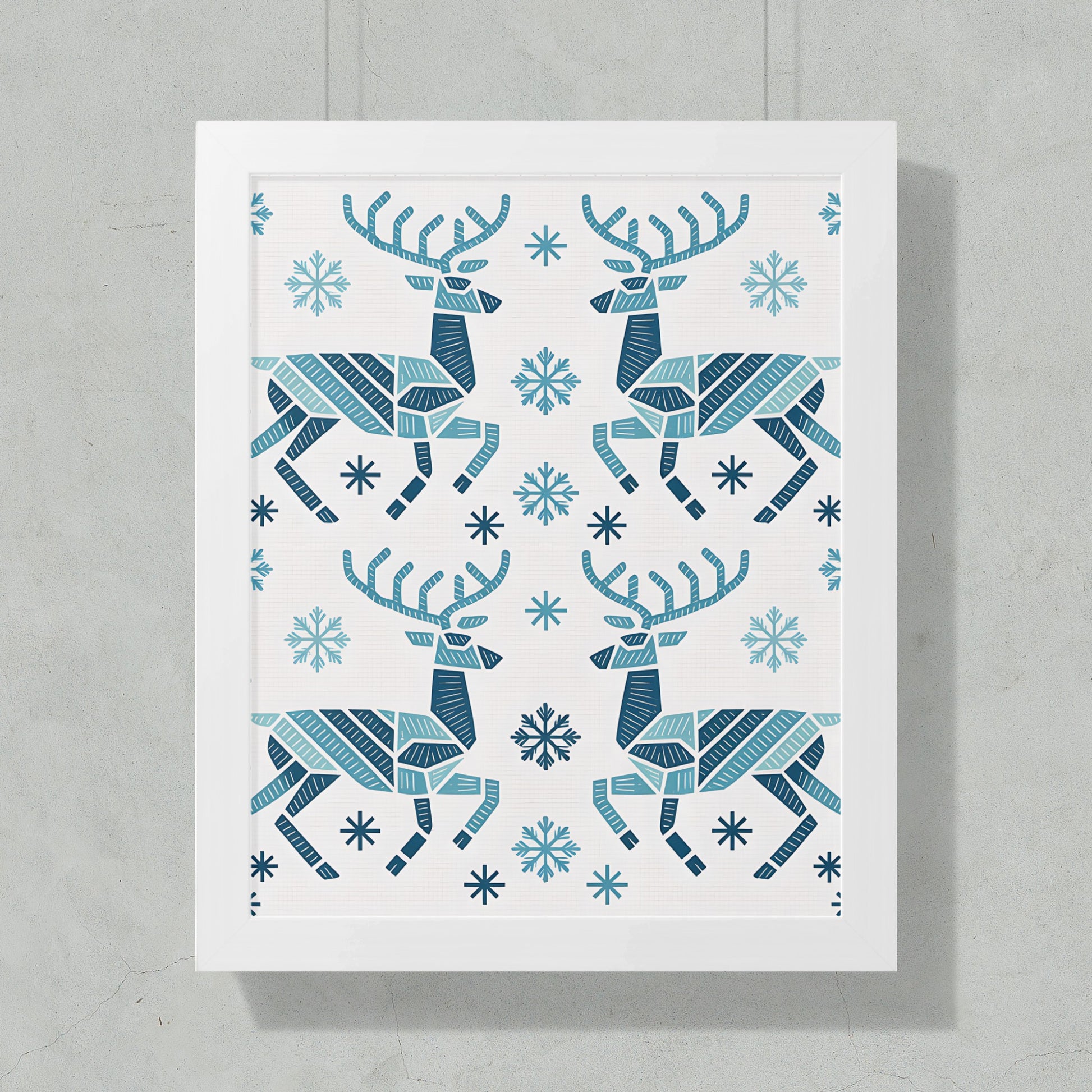 Scandinavian Reindeer Snowflakes Winter Wall Art Print