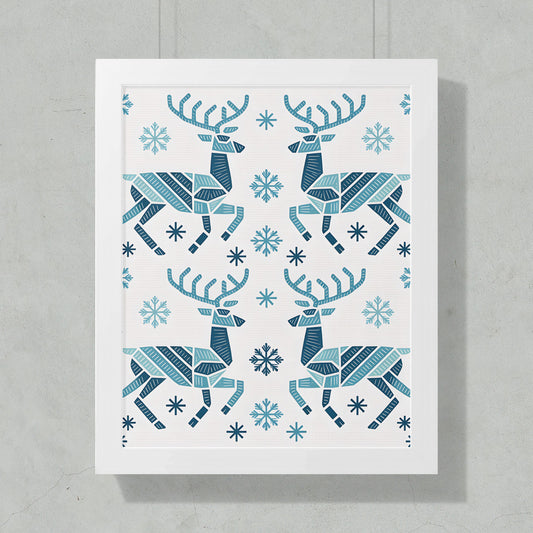 Scandinavian Reindeer Snowflakes Winter Wall Art Print