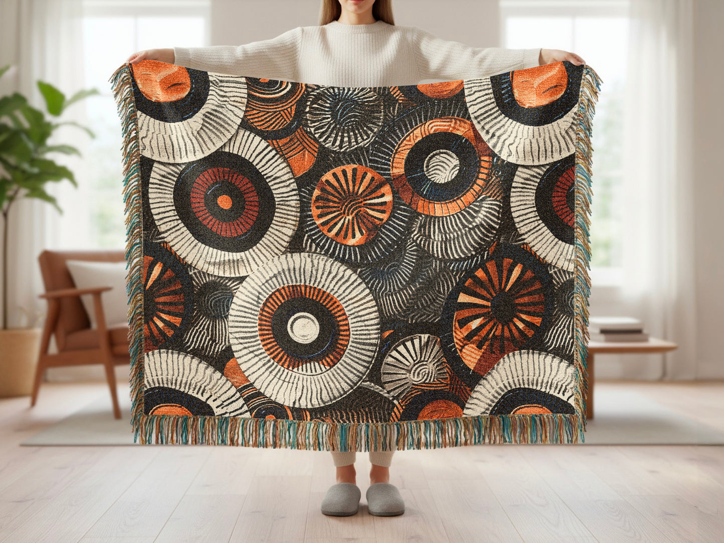 Woven throw blanket with abstract circular pattern in orange, black, and white with fringe.