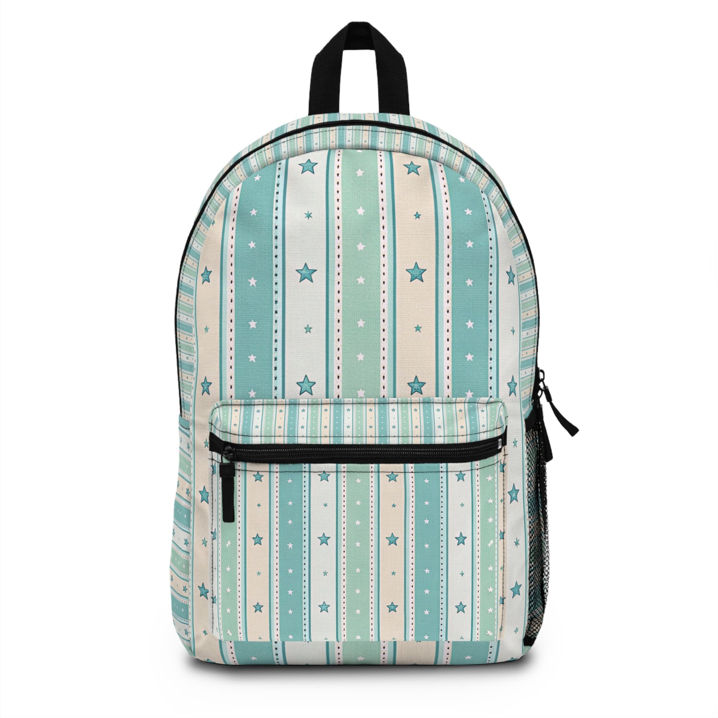 Backpack with mint green, cream, and light blue vertical stripes and scattered stars.