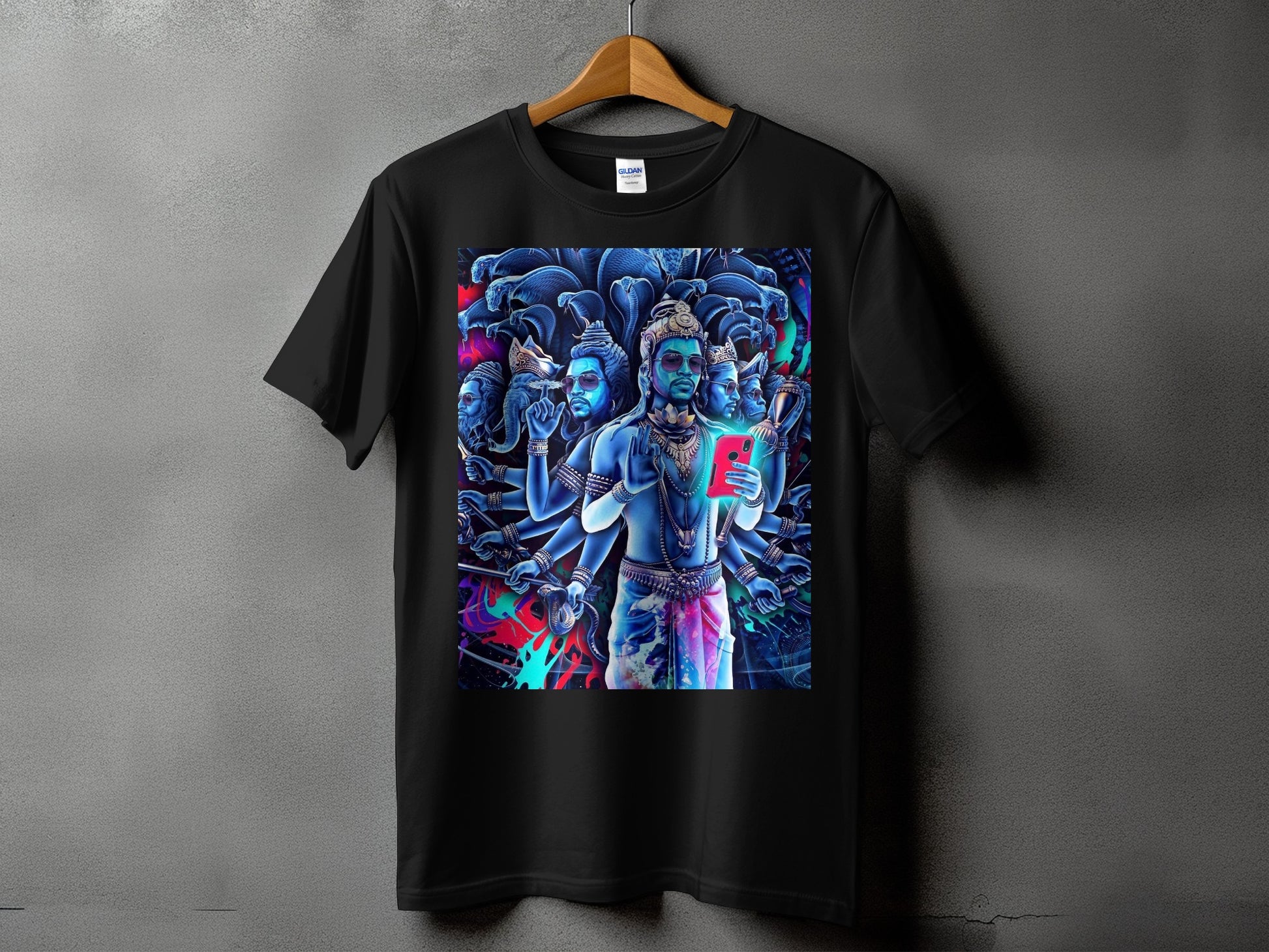 Black t-shirt featuring a vibrant, multi-armed deity holding a smartphone.