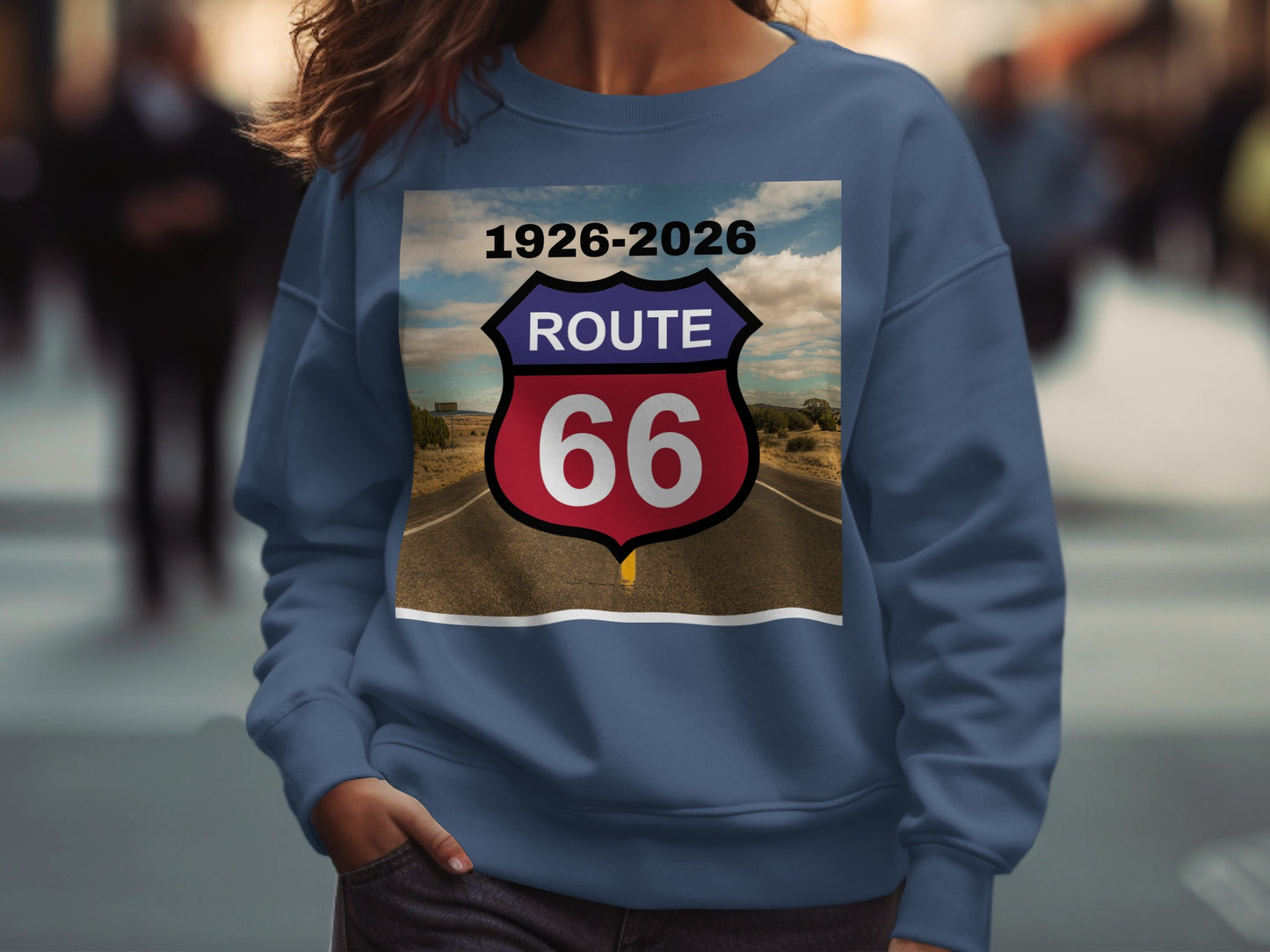 Route 66 logo with dates 1926-2026 on a navy sweatshirt.