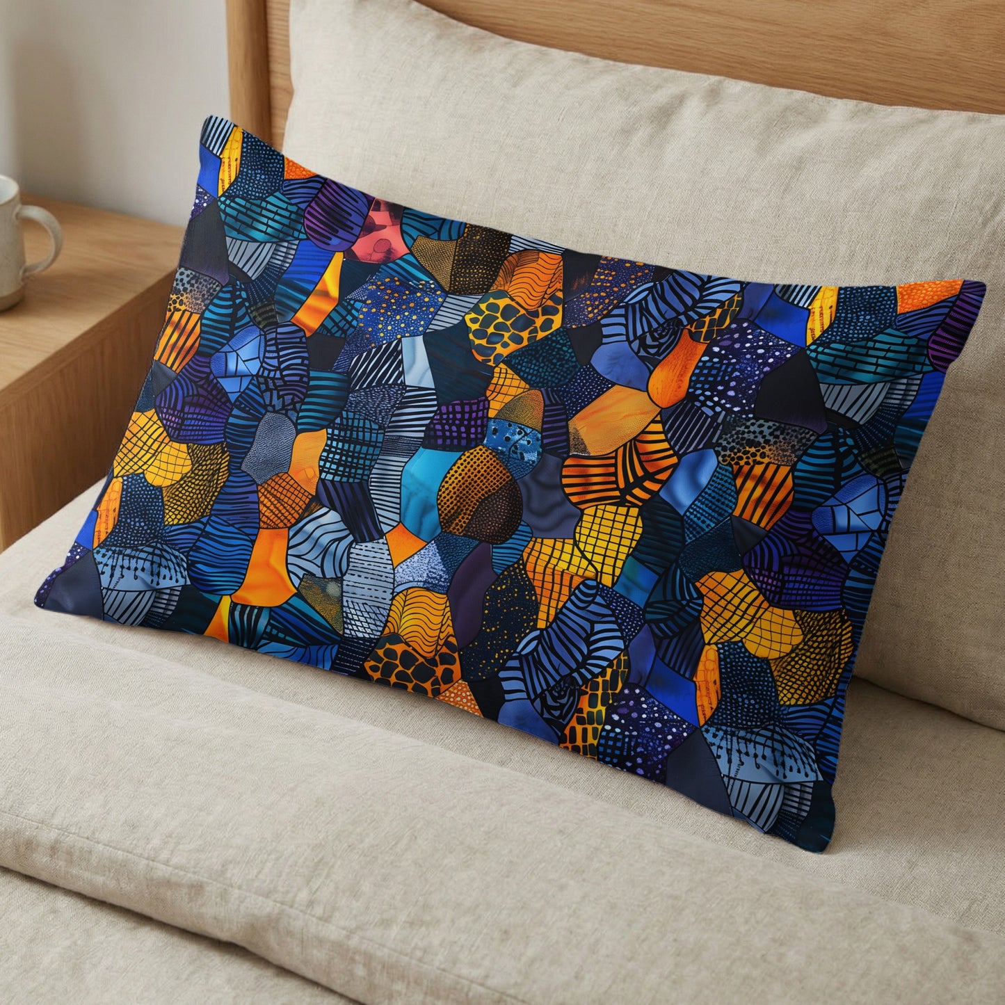 Rectangular cushion with colorful abstract geometric patchwork pattern on a beige sofa.