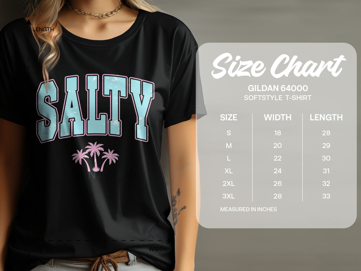 Black t-shirt with "SALTY" graphic and size chart.