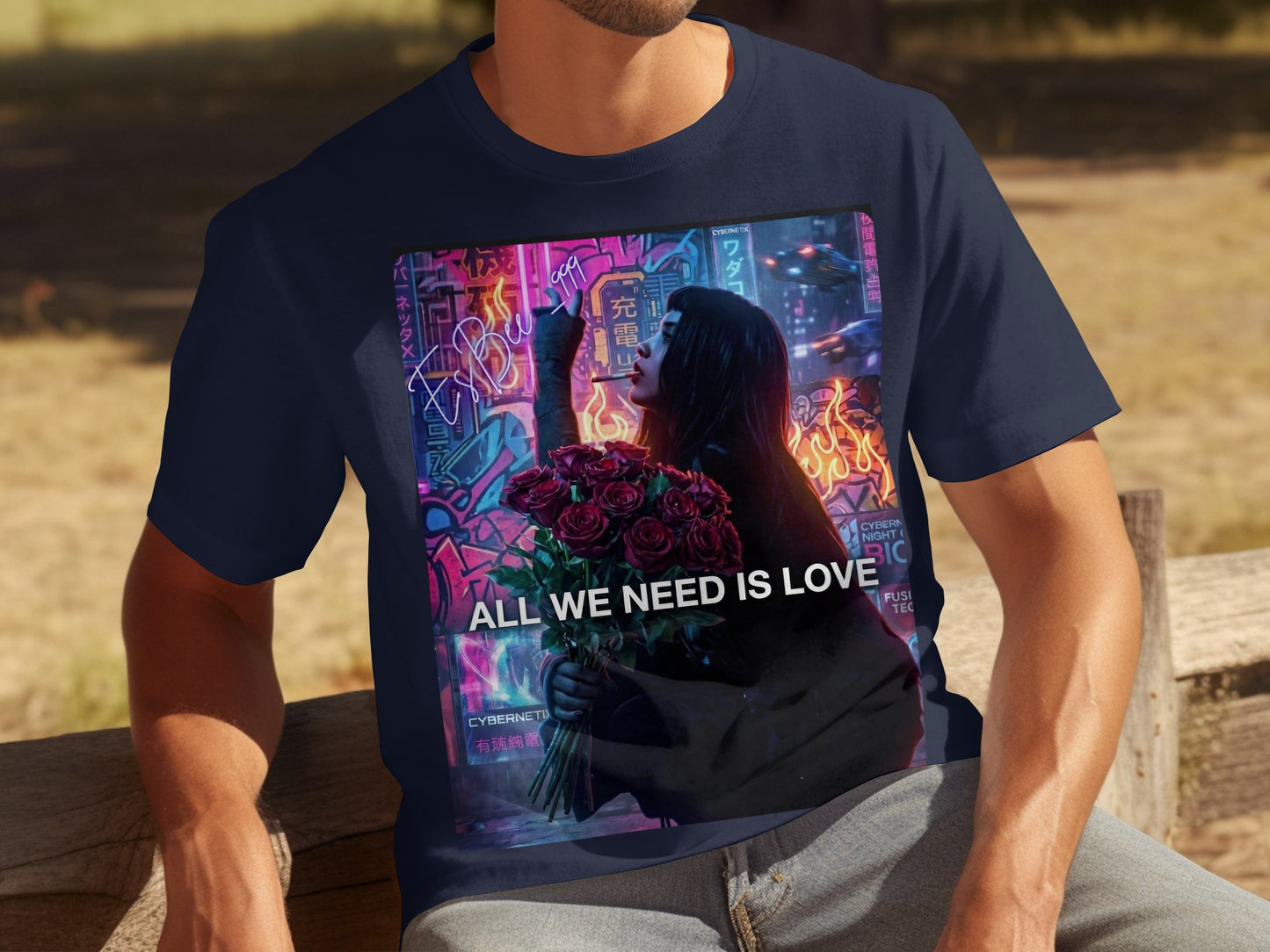 T-shirt featuring a woman holding roses with "ALL WE NEED IS LOVE" text.
