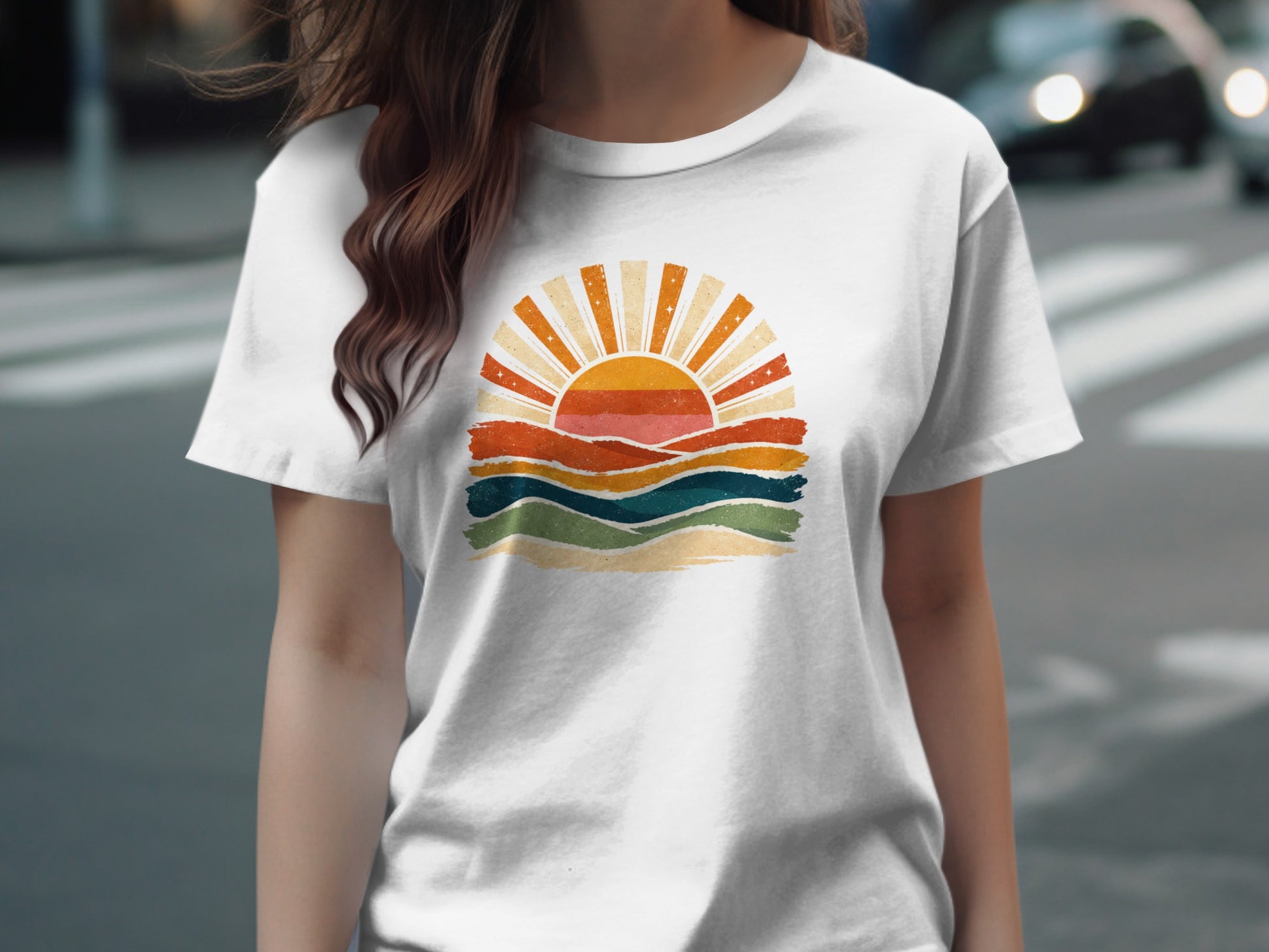 Retro sunset design with wavy stripes on a white t-shirt.